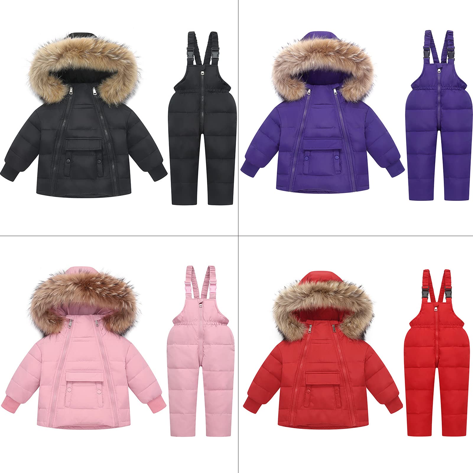 Combinaison Ski Enfant 2PCS - Doudoune à Capuche + Pantalon Salopette Rose - Ensemble Hiver Chaud Et Imperméable