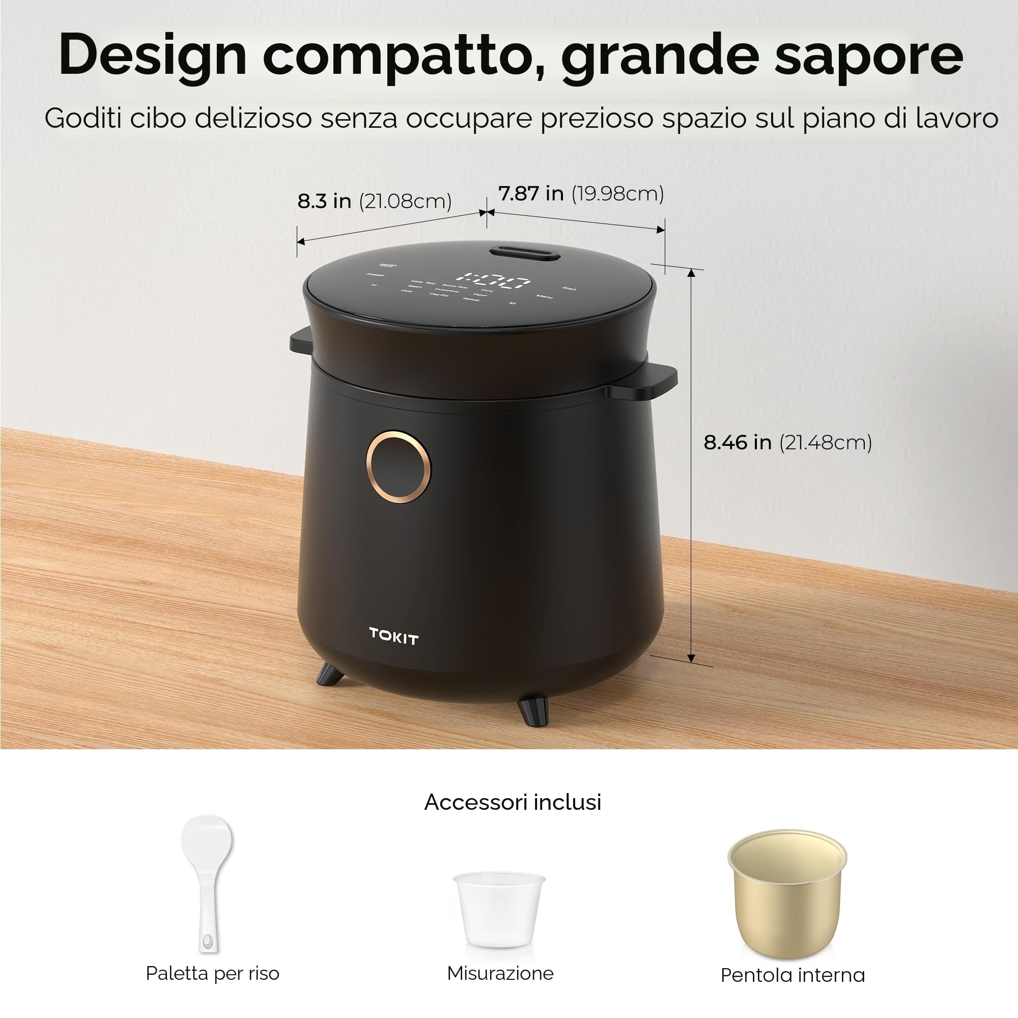 TOKIT Mini Cuociriso Da 1,5 L Per 1-2 Persone – 9 Funzioni, Timer 24 Ore, Interno In Ceramica Antiaderente, Ideale Per Casa, Dormitori Ed Esterni