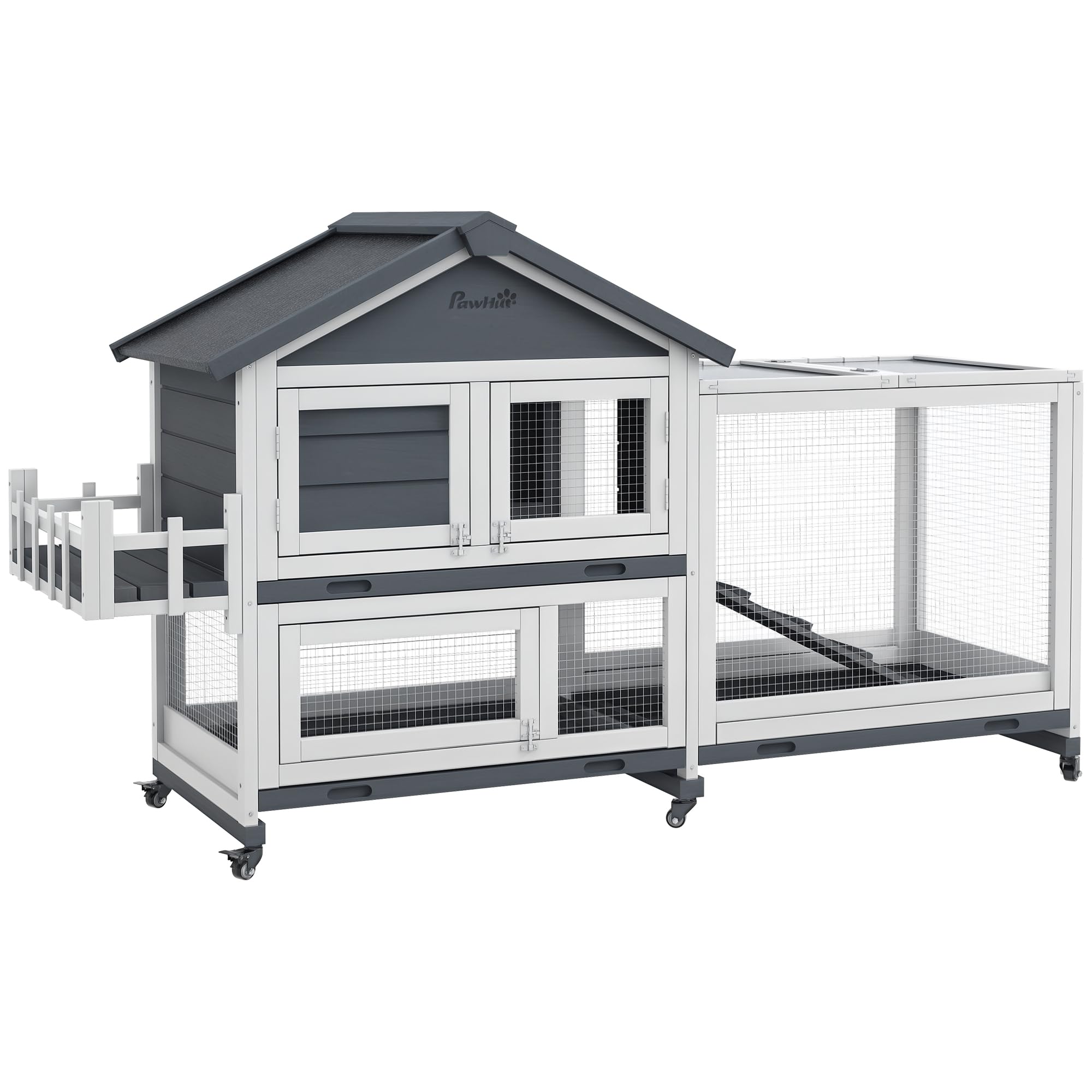 PawHut 65" Wooden Rabbit Hutch, Guinea Pig Hutch, Pet Playpen with Openable Roof, Bunny House Enclosure with Wheels, Storage Box, Slide-Out Tray, Ramp