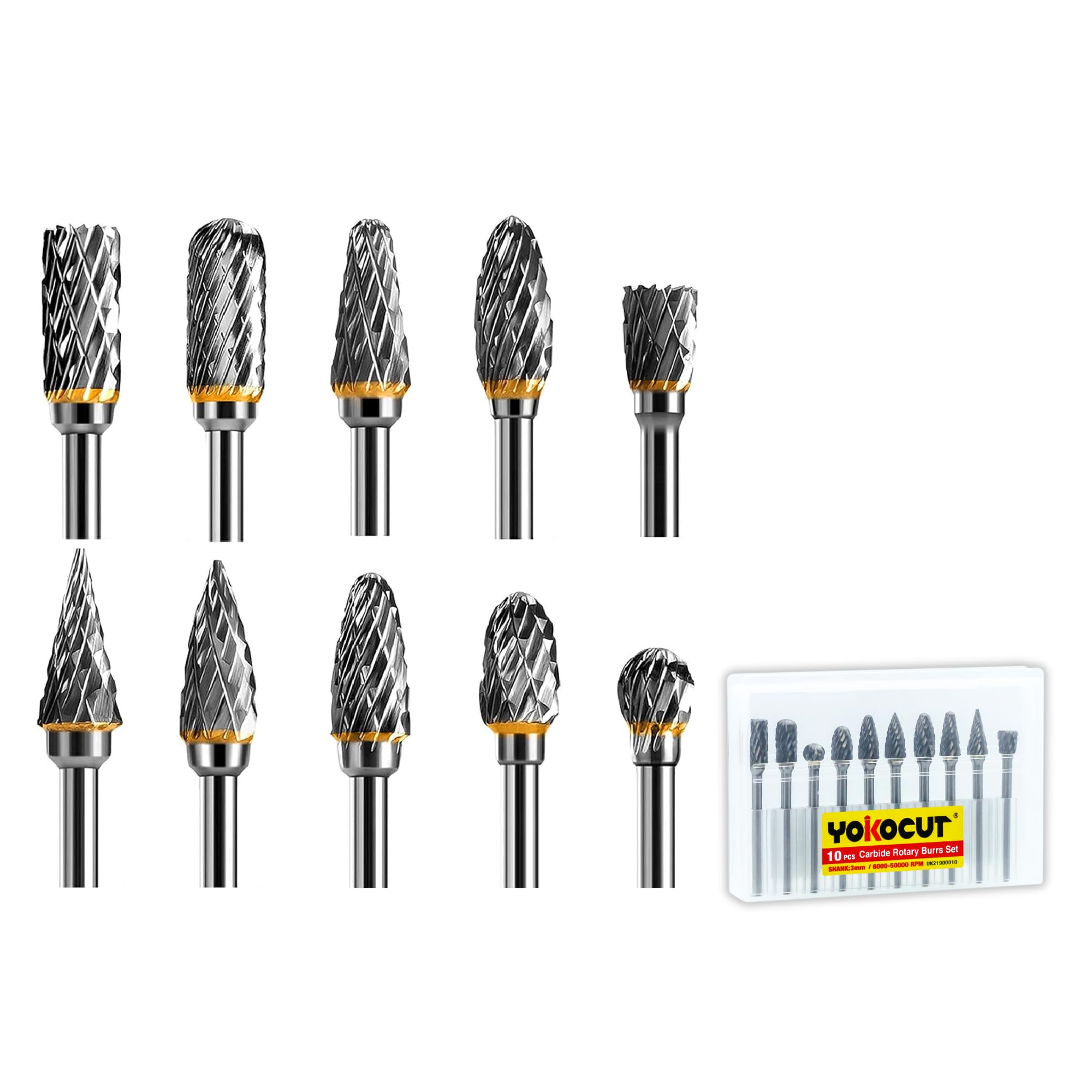 Rotary Burrs Set for Rotary Tool 10pcs 1/8 inch Shank, Tungsten Carbide Rotary Burr Set including Double Cut