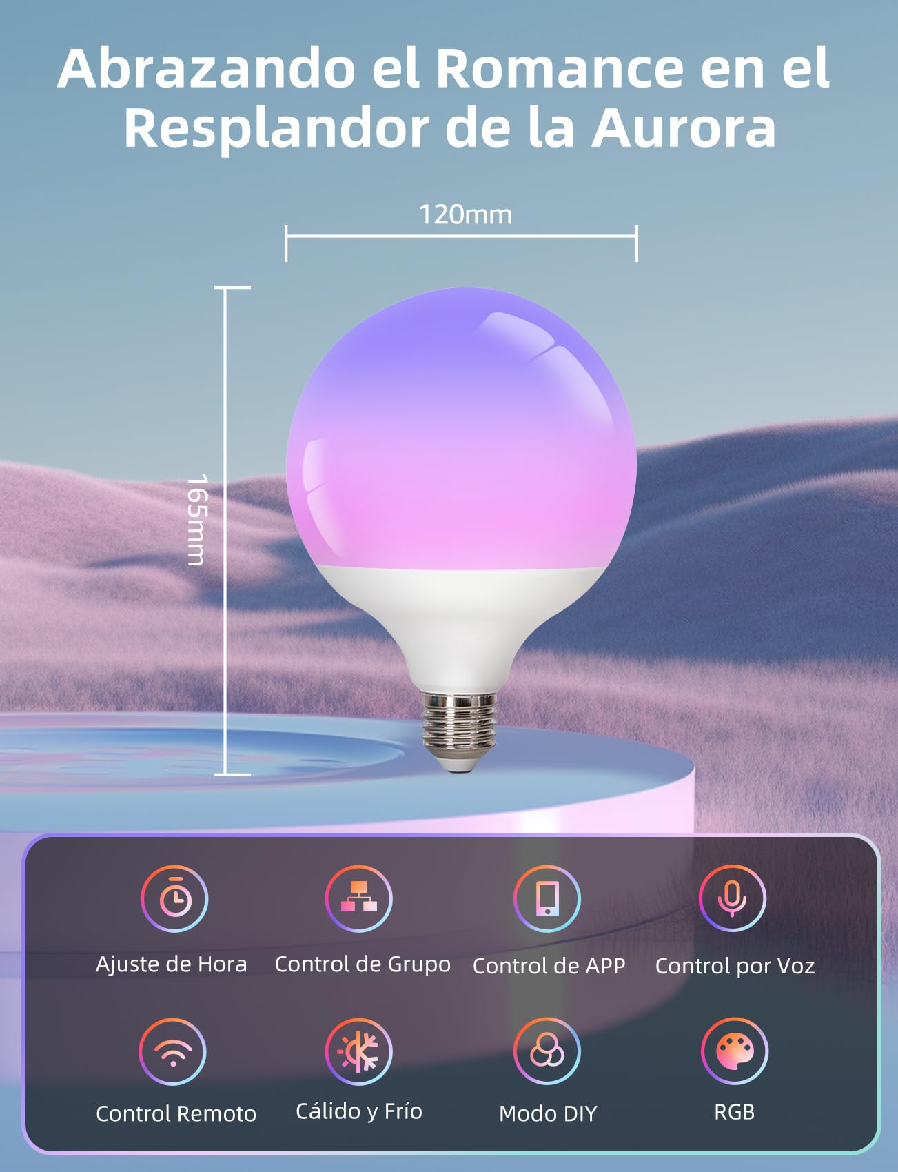 Aigostar Bombilla LED Inteligente E27 G120 Bluetooth Mesh Compatible con Alexa, 4.9W RGB Gradiente Bombilla Inteligente, Degradado de Color en Capas Superior e Inferior, Regulable Color y Blanco