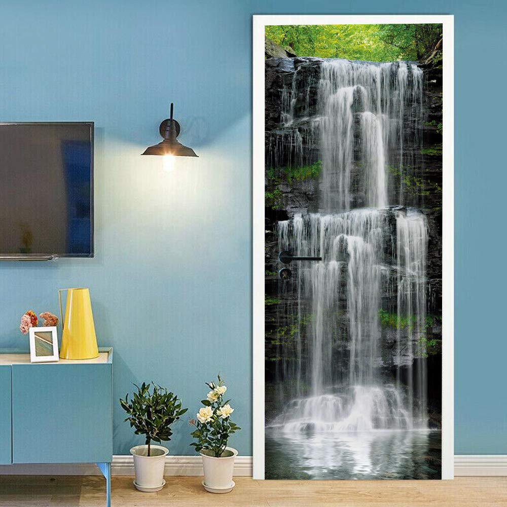 Sticker porte trompe l'oeil cascade naturelle pour créer un coin de nature dans votre bureau
