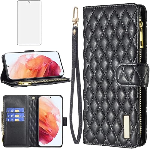 Asuwish Funda de teléfono para Samsung Galaxy S21 5G de 6.2 pulgadas con protector de pantalla de vidrio templado y soporte de tarjeta de crédito