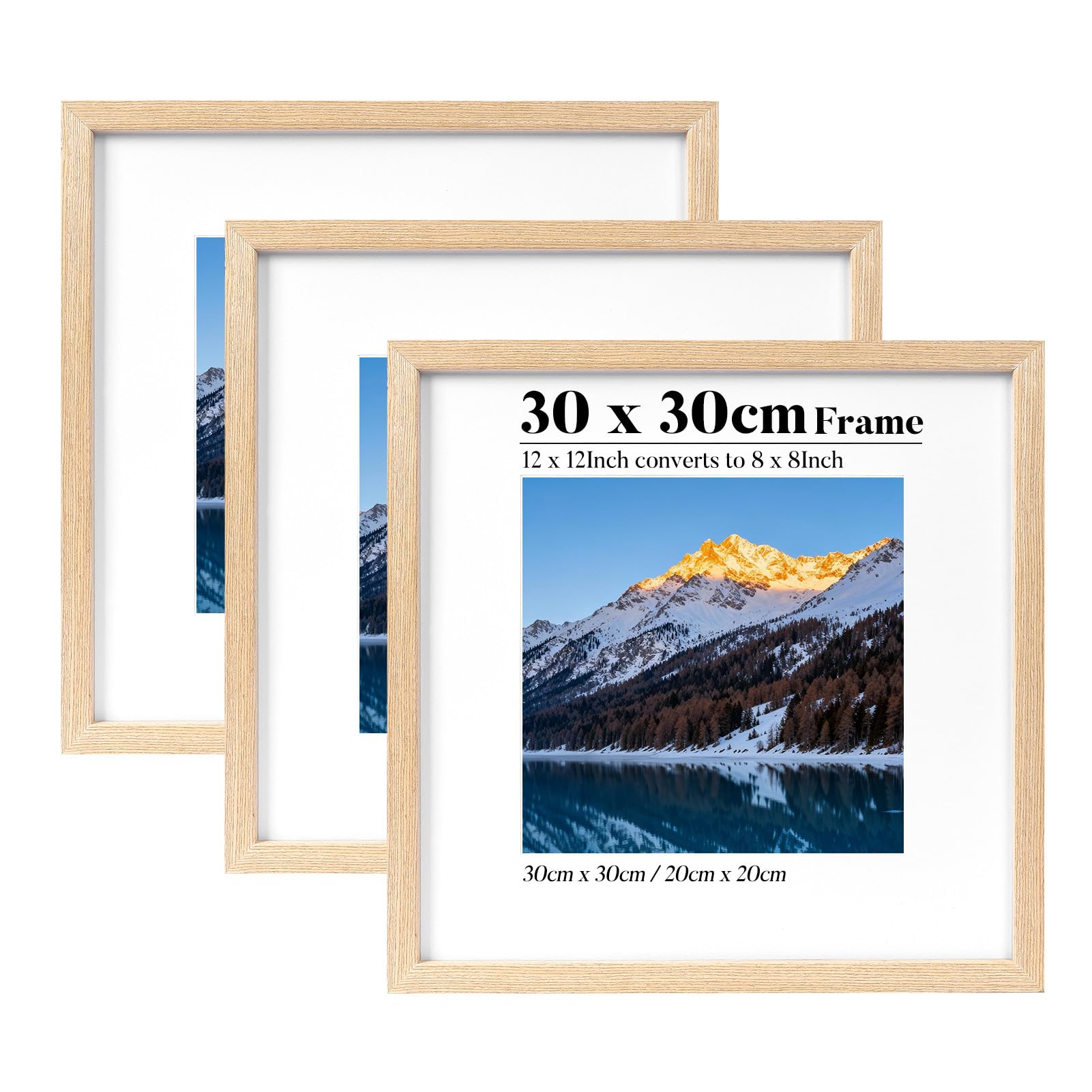 HOUSE DAY Bilderrahmen 30x30, Bilderrahmen Quadratisch, Holzbilderrahmen, Massivholz Rahmen 30x30 mit 20x20 Passepartout für Familie, Landschaft,Haustier-Gedenkseite, Hochzeit, 3er-Pack