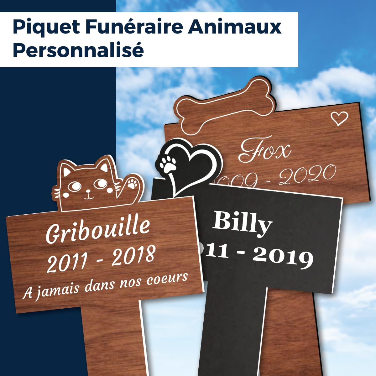 Piquet Plaque Funéraire Commémoratif Personnalisé - Bois - Inter funéraire pour Chat, Chien - Souvenir pour Animaux - Plaque Commemorative Animal - Textes Personnalisables (Coeur)