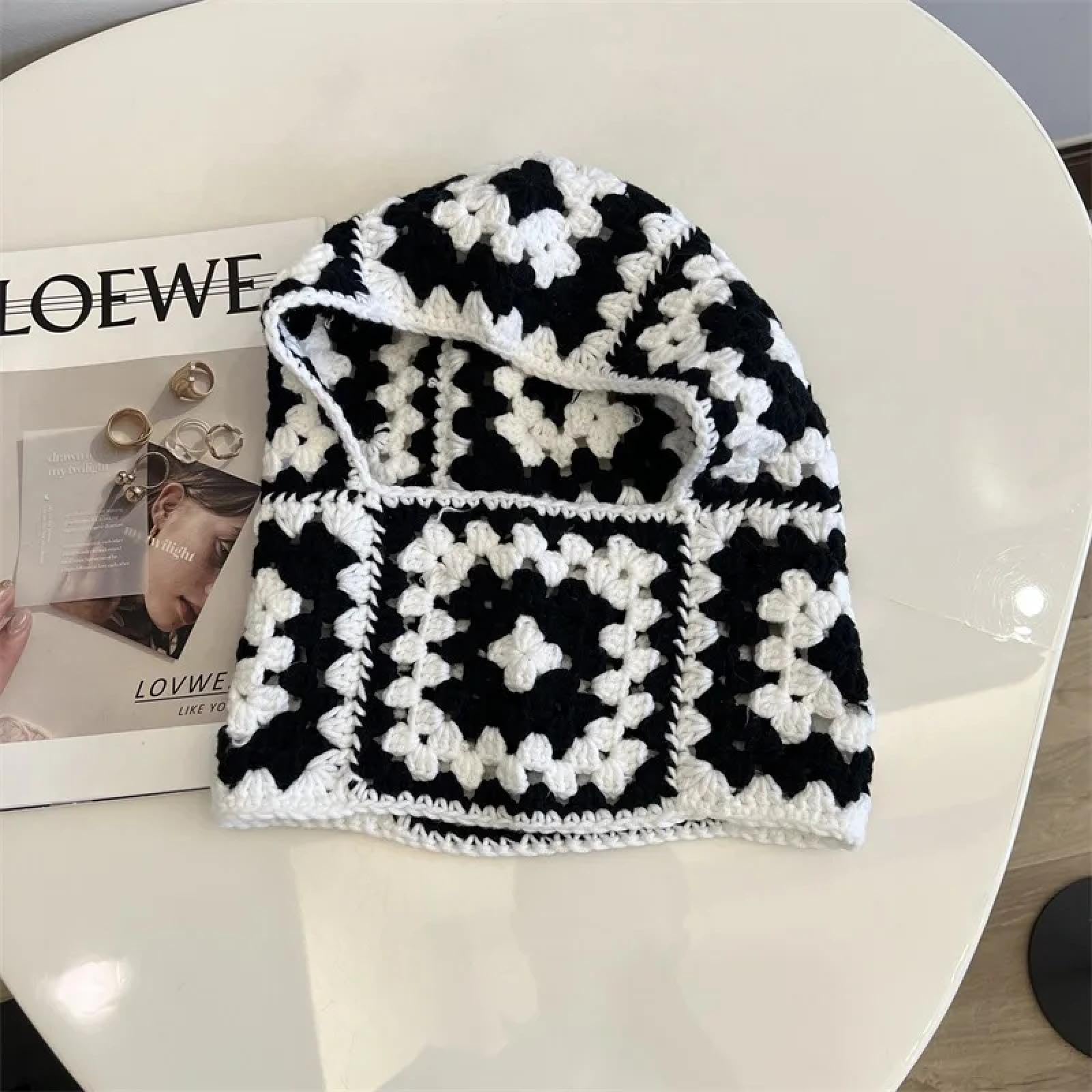 Czapki Czapki Skullies Beanies Czapka Beanie Czapka Kominiarka Czapka Zimowa Ręcznie Szydełkowana Czarna Biała Żakardowa Damska Ochrona uszu Ciepłe Czapki Pulower, Jak na zdjęciu, rozmiar uniwersalny