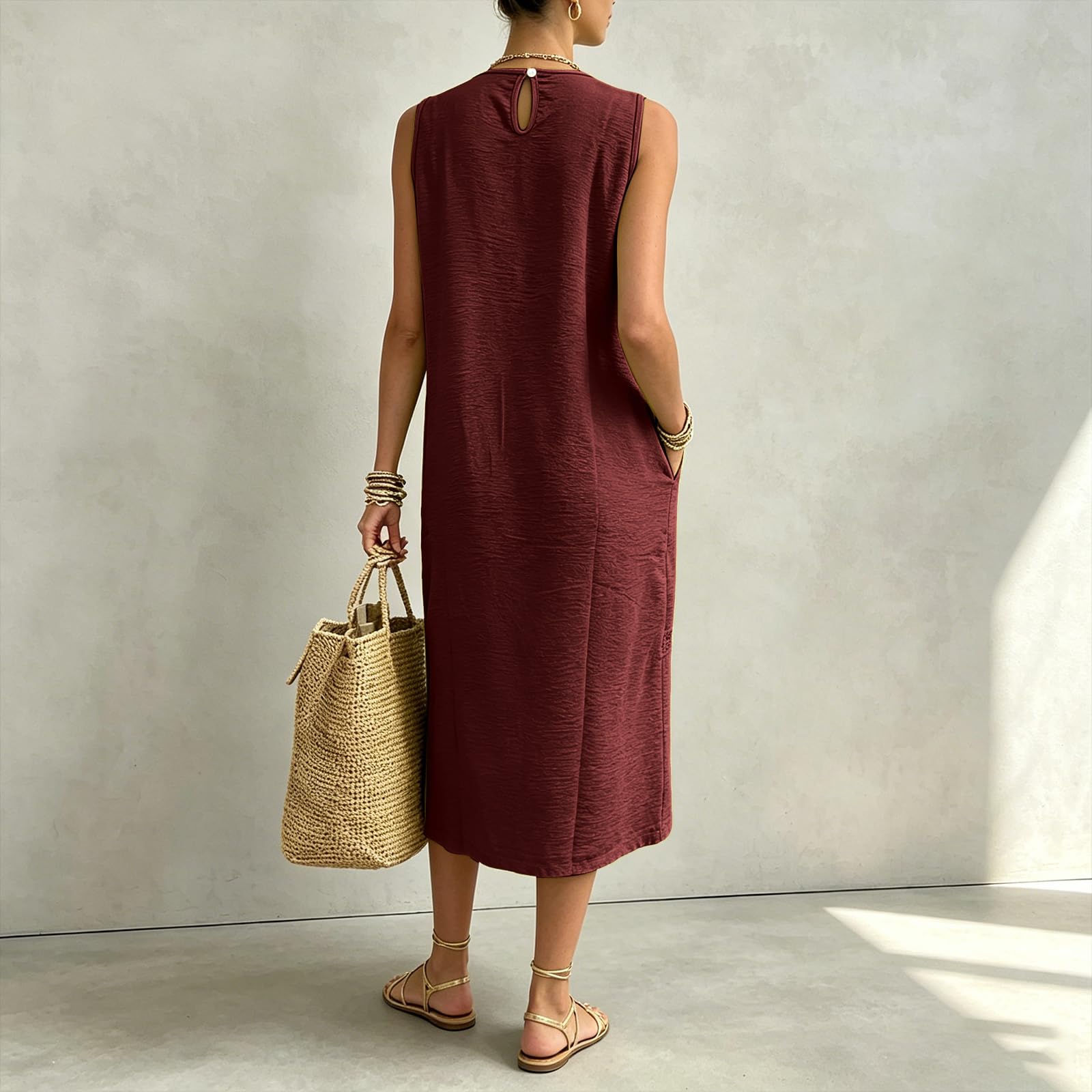 Abito Spiaggia Donna Gonna Lunga da Donna a Maniche Corte con Scollo Rotondo e Inserti Patchwork, Elegante e Comoda. Vestito Elegante