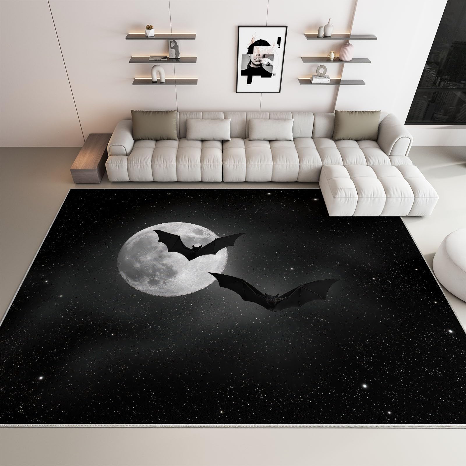 Teppich Wohnzimmer Waschbar rutschfest Schwarze Fledermaus Mond 60x120cm Moderner Kurzflor Teppich Weich für Schlafzimmer, Esszimmer, Flur und Büro