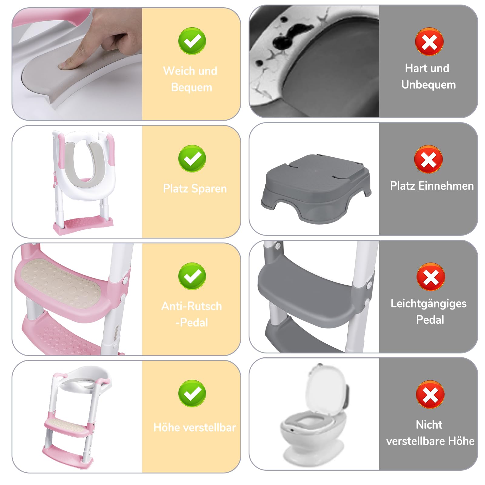 DEANIC Riduttore WC Bambini con Scaletta, Scaletta WC per Bambini Pieghevole, Adattatore wc per Bambini Cuscino morbido PU, Applicabile All'altezza Della Toilette 38-47cm (Rosa)