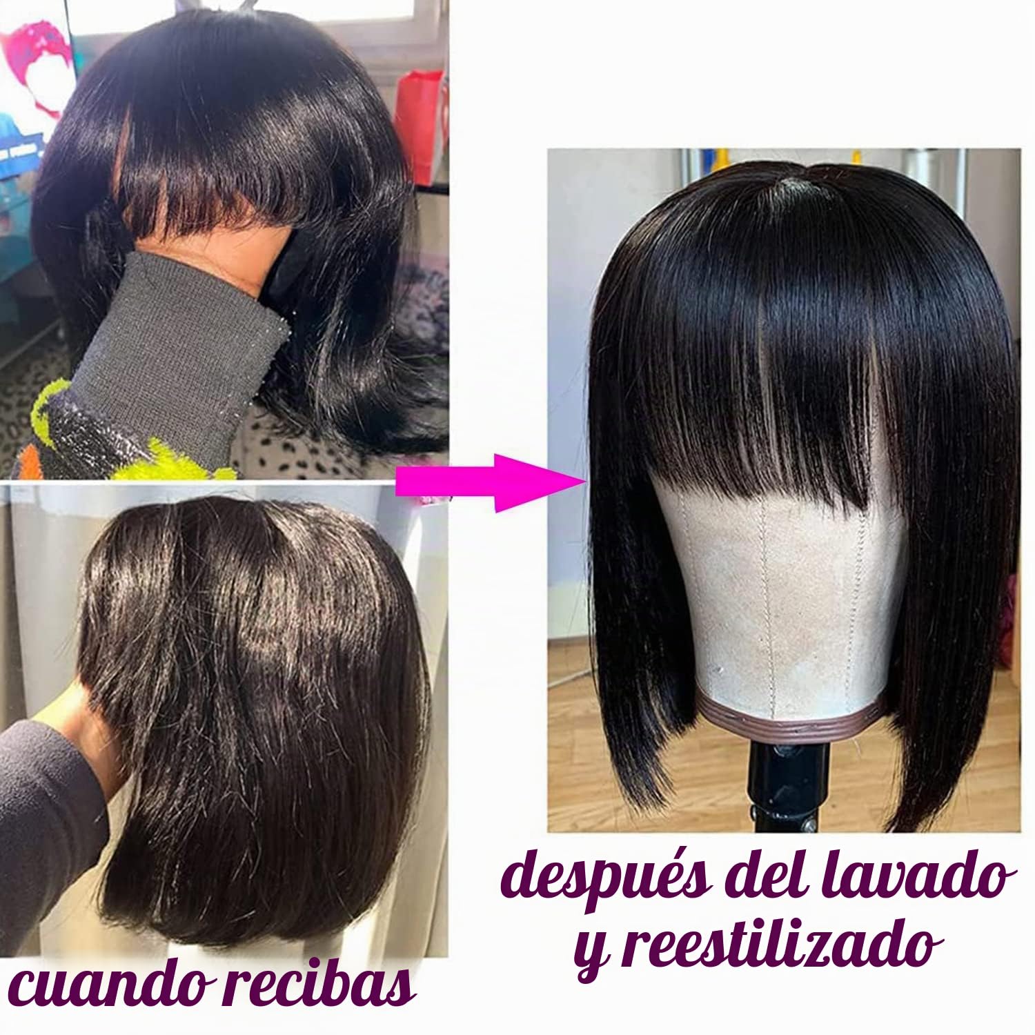 Peluca Mujer Pelo Corto Bob con Flequillo Cabello Humano Pelucas Brasileñas No Lace Bob Wig Human Hair 8 Inch