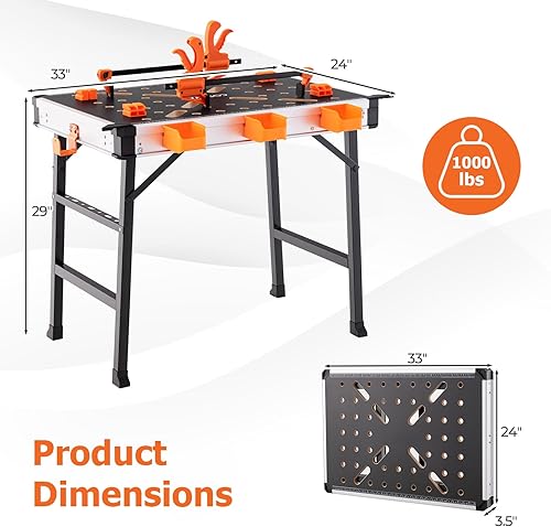 Miniatura 7 de S AFSTAR Banco de trabajo portátil de 33 pulgadas, mesa de carpintería de metal resistente con 2 abrazaderas rápidas y 4 perros de abrazadera, 3