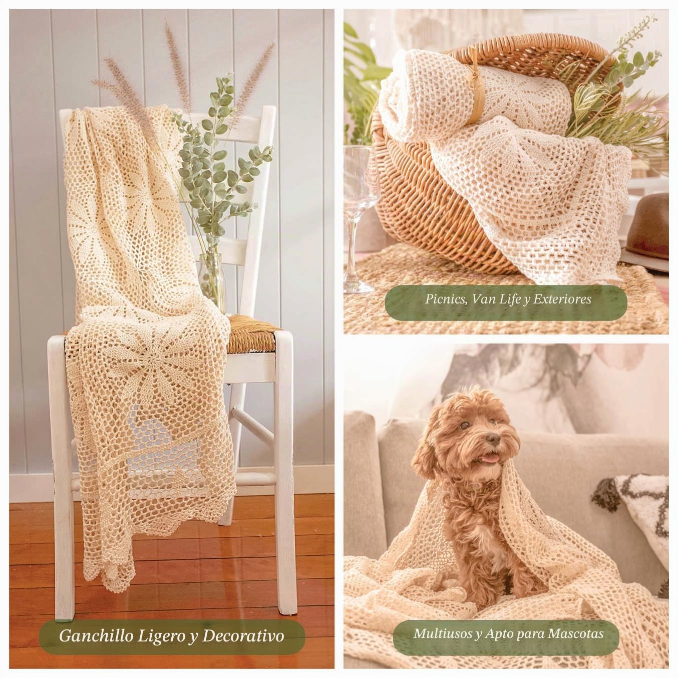 Zenviro Manta Bohemia – Mantas de Ganchillo Beige Crema – Manta Tejida a Mano – Manta sofá Cama (125 x 150 cm)