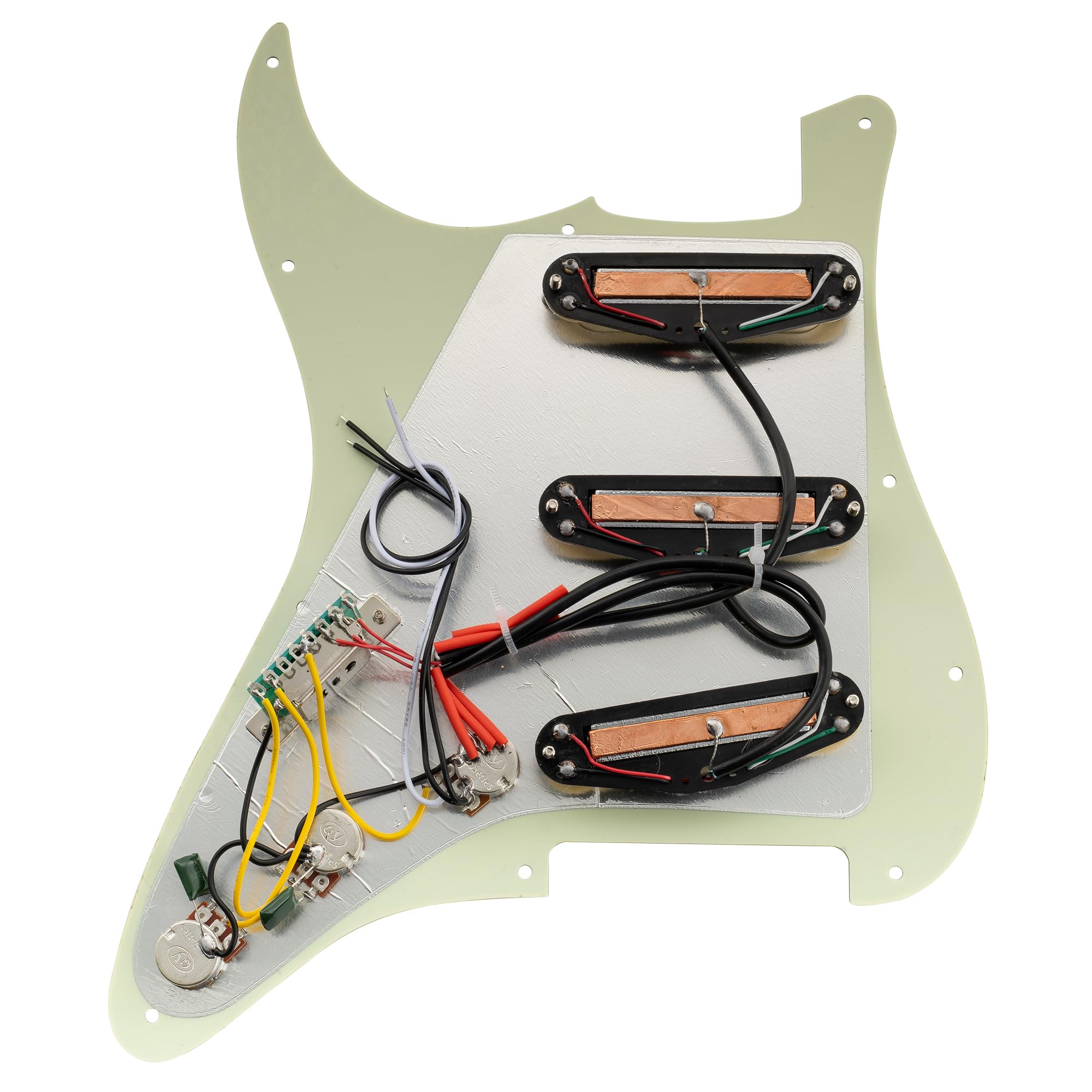 Musiclily Basic ST-SSS Vorverdrahtetes Schlagbrett Pre-Wired Loaded Pickguard mit Keramik Mini Rail Humbucker Tonabnehmer Set für Strat Style E-Gitarre, 3-lagig Mint Green
