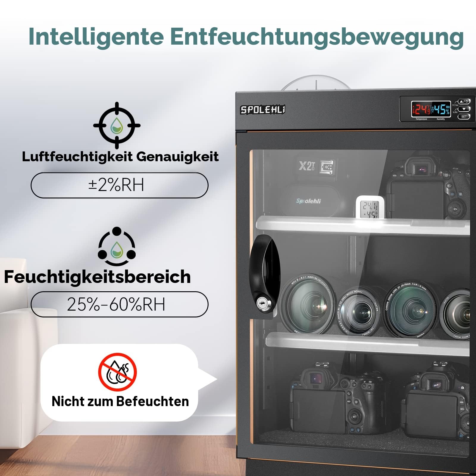 Kamera Trockenschrank Digitaler Luftentfeuchter 70L Elektronische Trockenbox und energiesparenden LED-Lichtern für die Aufbewahrung von Kameraobjektiven und elektronischen Geräten(EU Version)