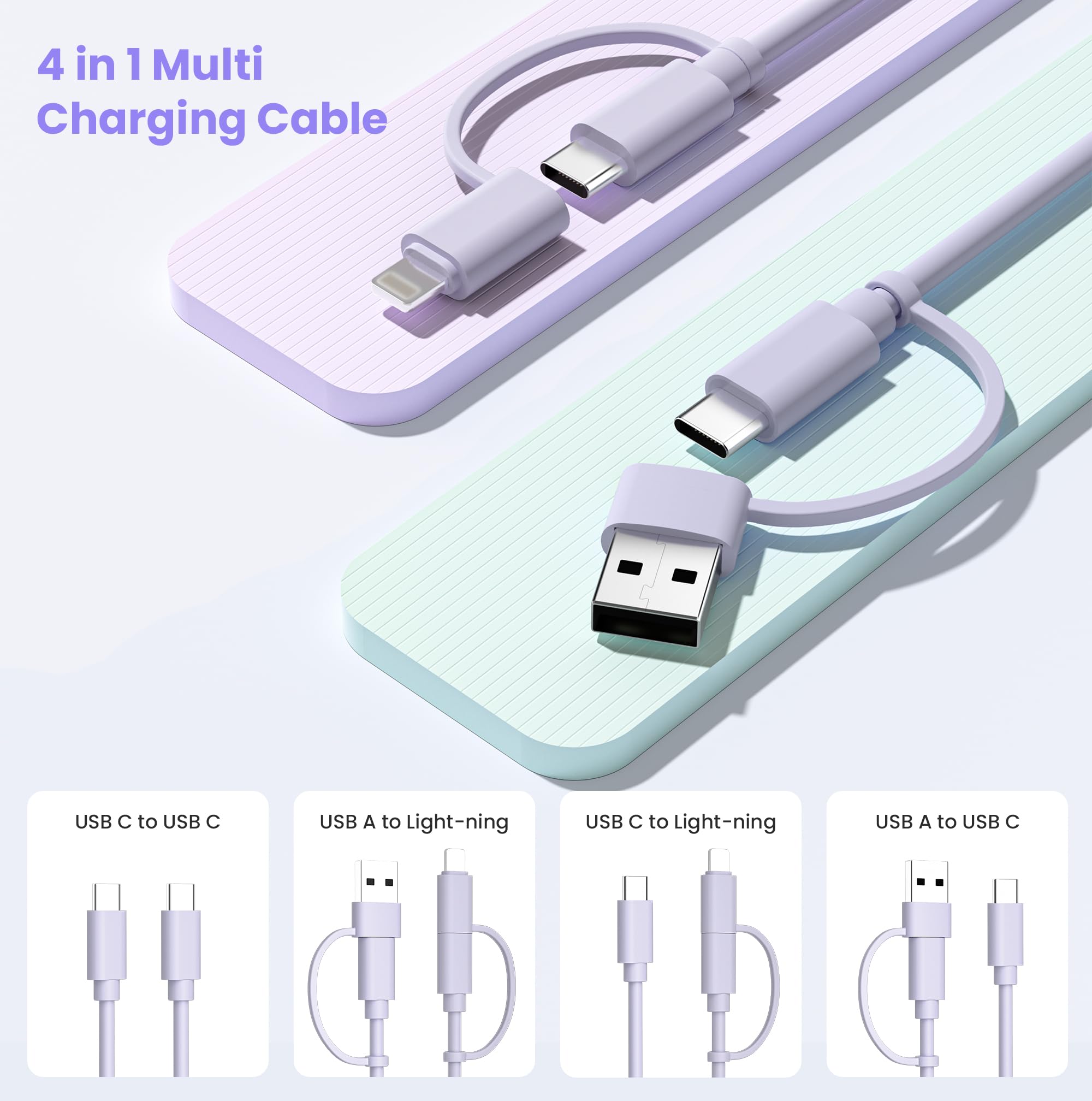Elebase Câble de Charge USB C pour iPhone 17,Cable 4-en-1 Multiple 2M avec Adaptateurs USB A et Lightning,Cordon de Charge 60W USB-C pour Apple 17e 16 15 14 Pro Max Plus,iPad Air,Samsung S26 S25 Ultra