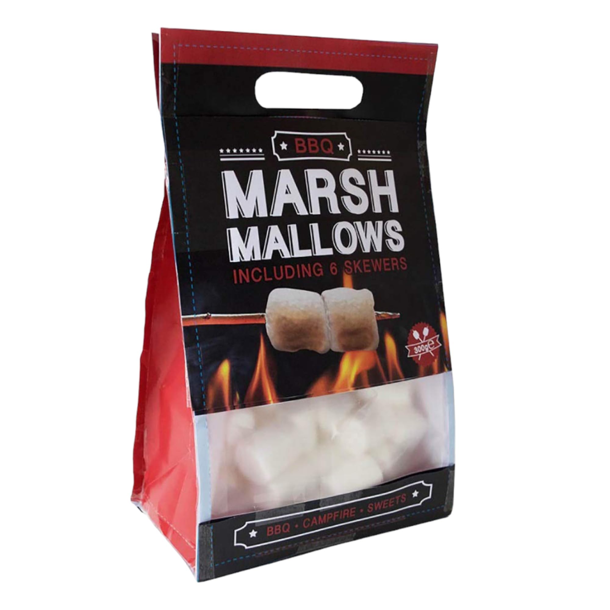 BBQ Marshmallows – Barbecue uczta na słodycze – puszyste, beztłuszczowe i bezglutenowe – cukierek piankowy do przeżyć przy ognisku, worek 300 g z 6 drewnianymi patyczkami – czekoladowe fondue lub