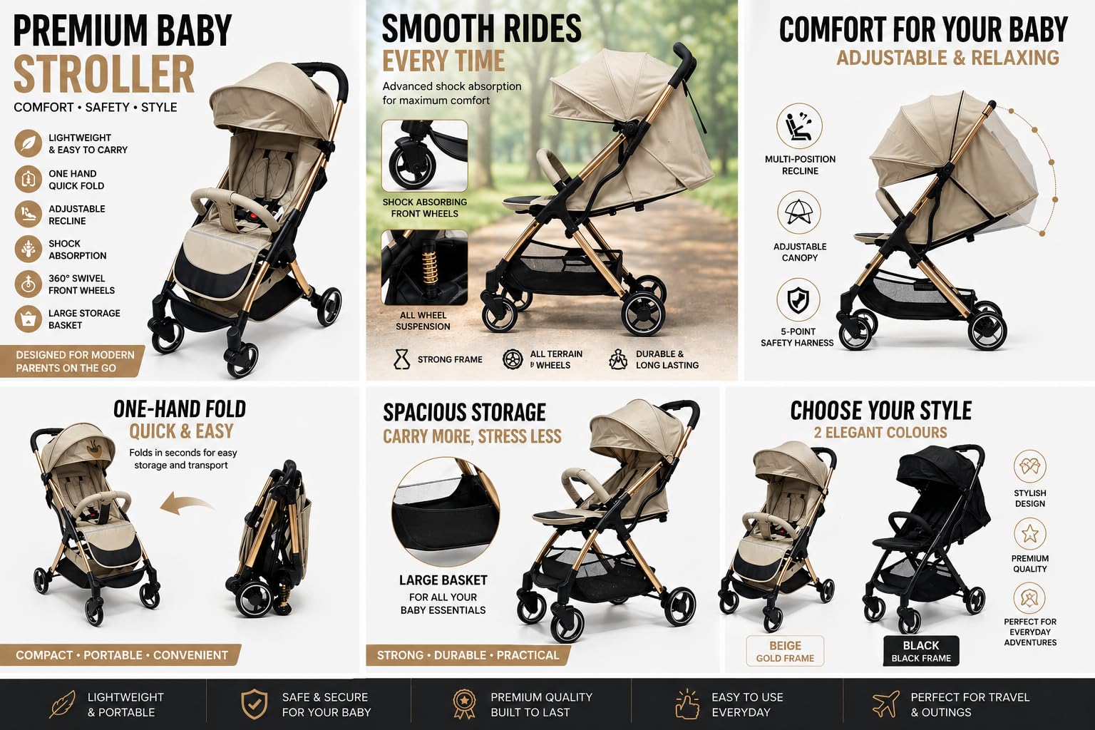 Luxury Baby Stroller Lightweight Foldable Pushchair Travel System Pram with Reclining Seat, 5-Point Harness, Storage Basket Rain Cover (Black) — view 5