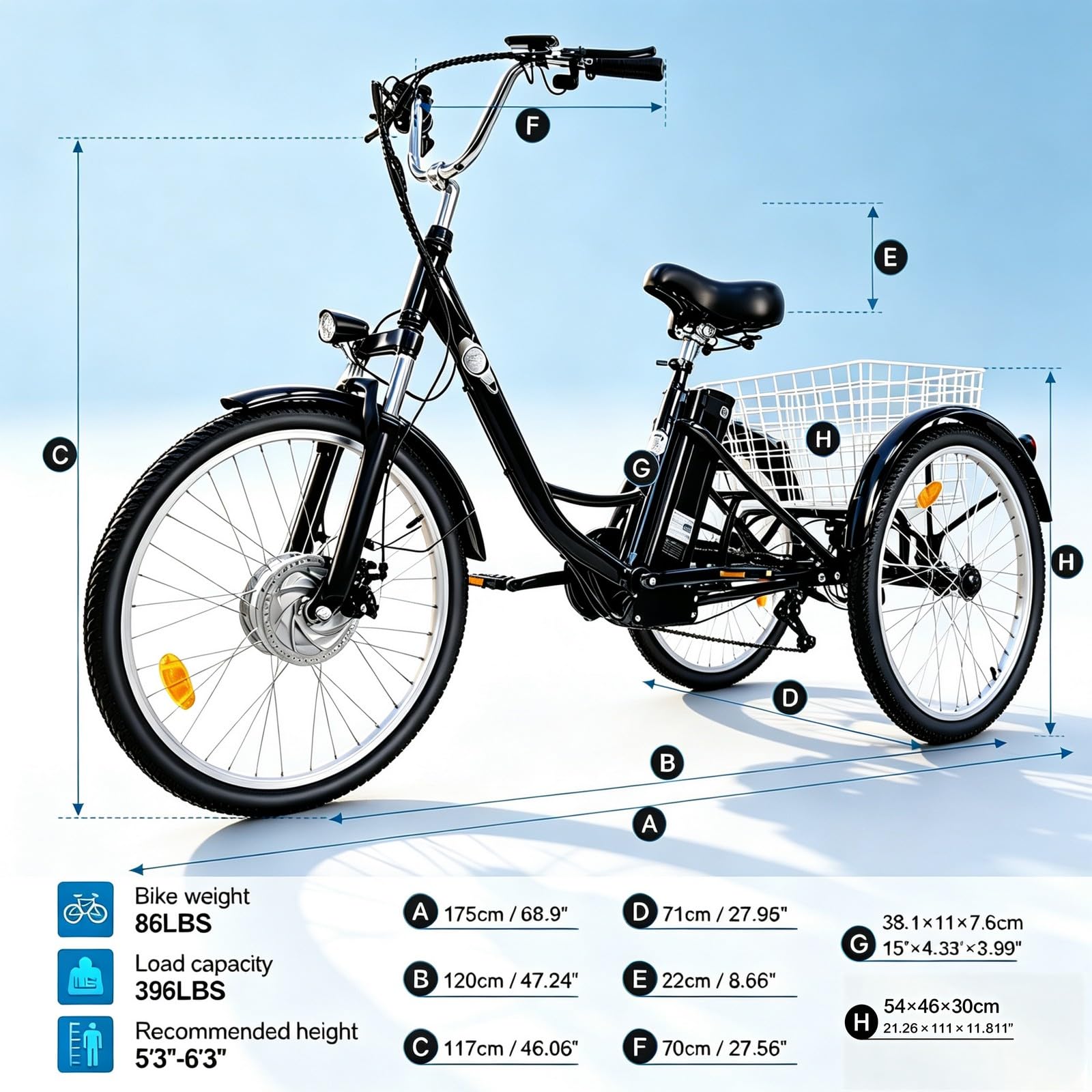 Triciclo elettrico per adulti M300 Batteria rimovibile da 36 V, 18 Ah