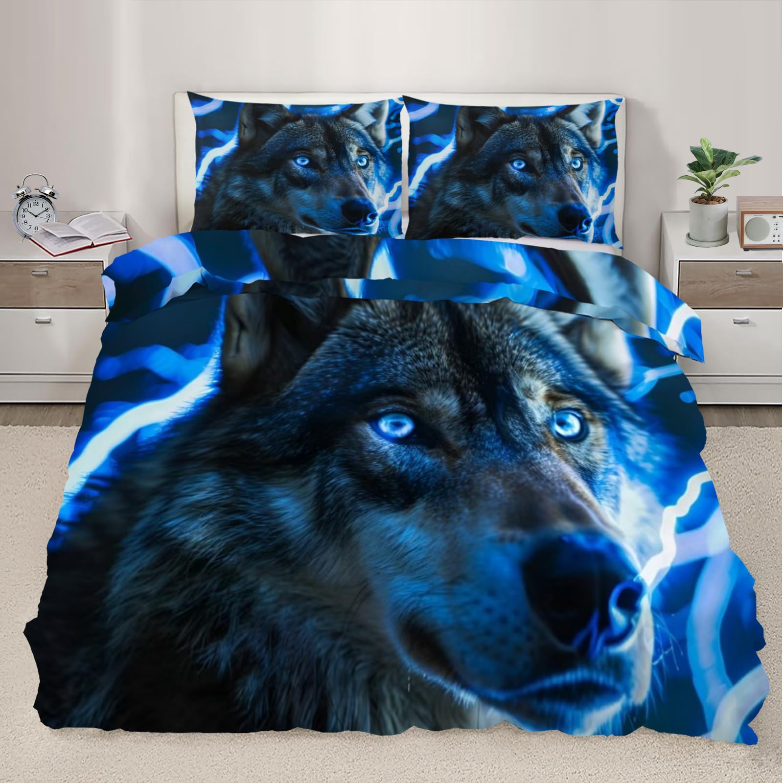 Wolf Bedding Sets, Flash Wolf Duvet Covers for Boys Girls Teens, 3D Animal Print Duvet Covers Bedroom Collection 3 Piece Set Twin Size