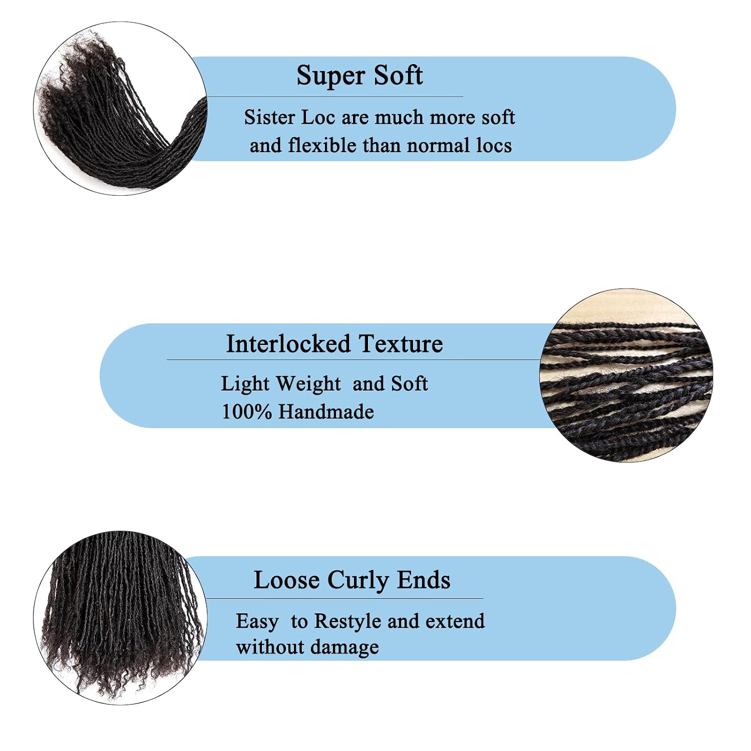 Handmade Interlocking Sisterlocks extensions Human Hair Curly Ends Real Human Hair Permanent Micro Locs Extensions Soft Dreadlocks Can Be Bleached and Dyed (1B - 0.4cm, 12Inch 30 Strands)