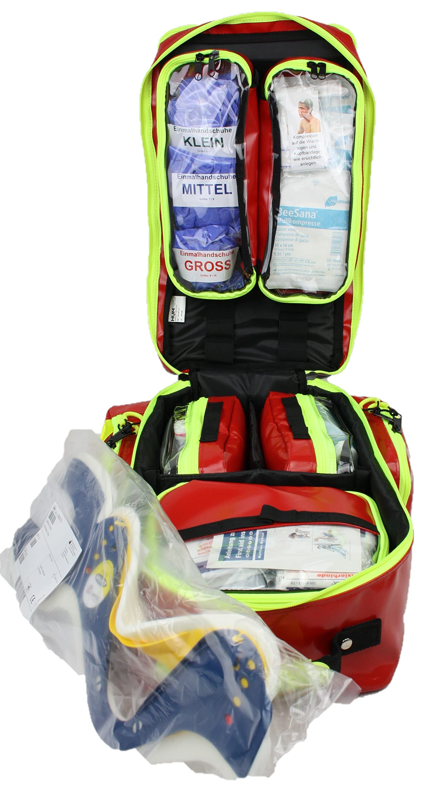 Erste Hilfe Notfallrucksack Schulsanitäter mit man. Blutdruckmessgerät & Stethoskop aus Plane mit Reflexstreifen