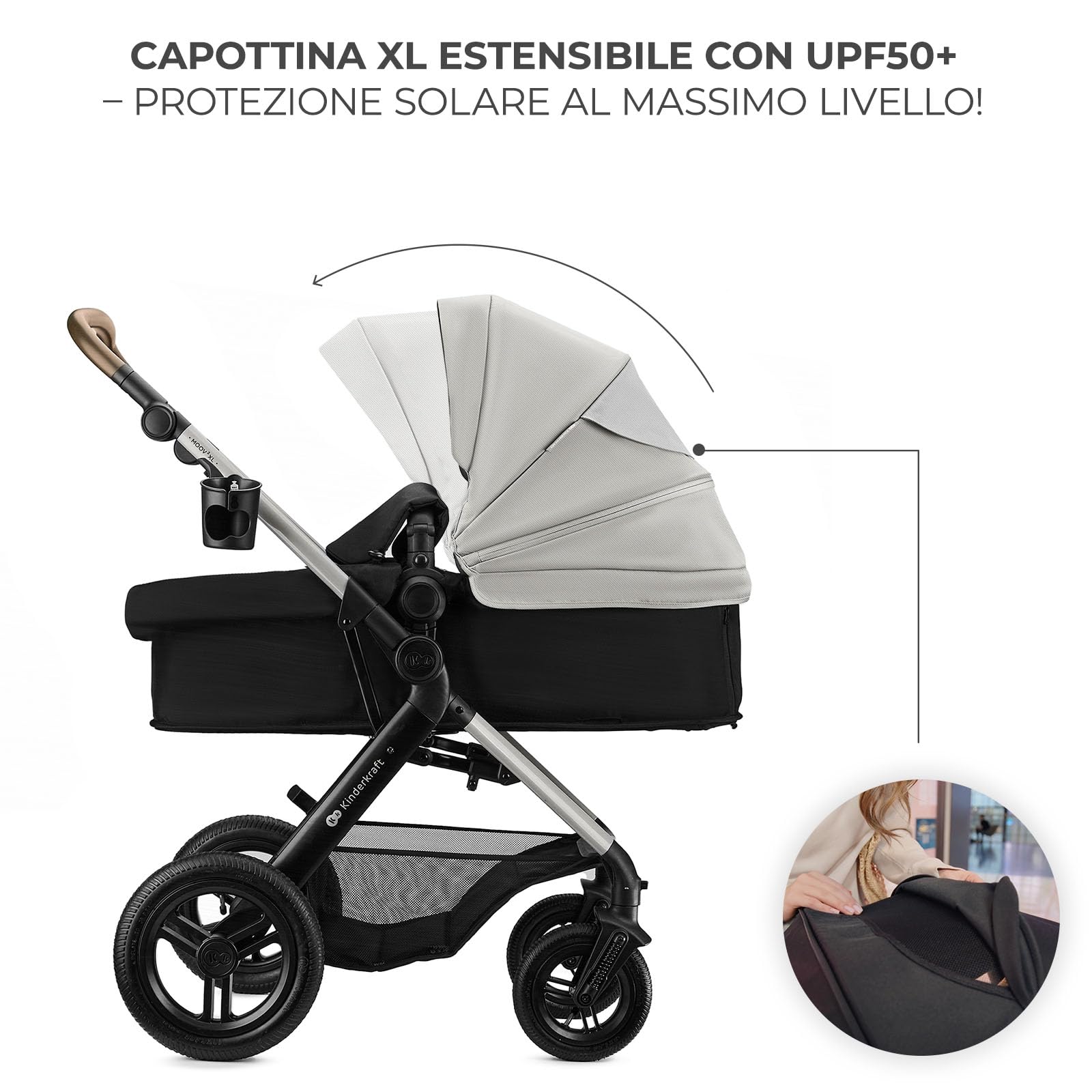 Kinderkraft MOOV XL 3 in 1, Passeggino fino a 27 kg, Carrozzina, Con Seduta I-SIZE 40-75 cm, Pieghevole, Ammortizzatore, Convertibile, Navicella XL, Con Accessori, Grigio Chiaro