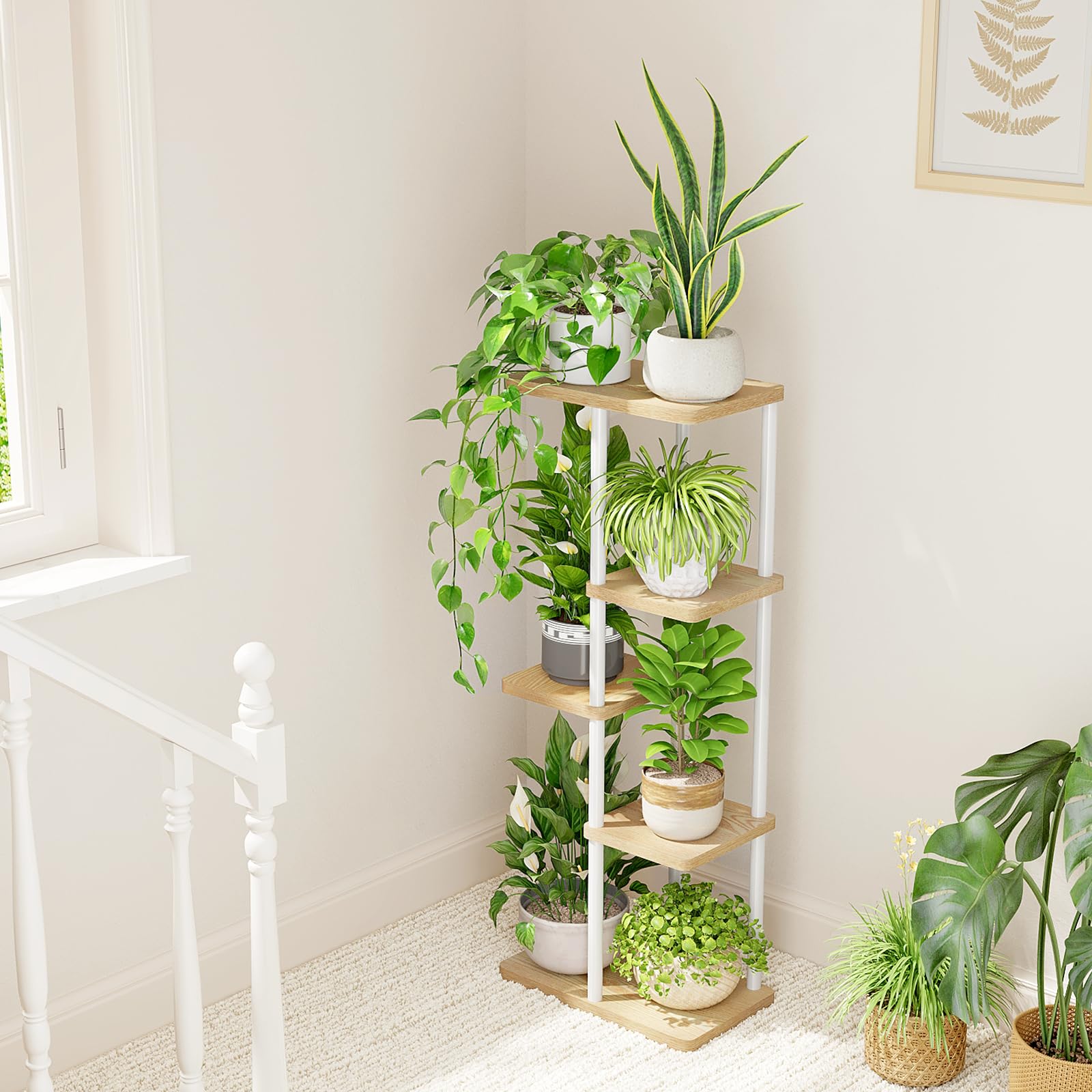 Bamworld Soporte para Plantas de Interior de Metal de 5 Niveles Soporte para Plantas Blanco Estante Grande para Múltiples Plantas Macetas para Patio, Jardín, Esquina, Balcón, Sala de Estar