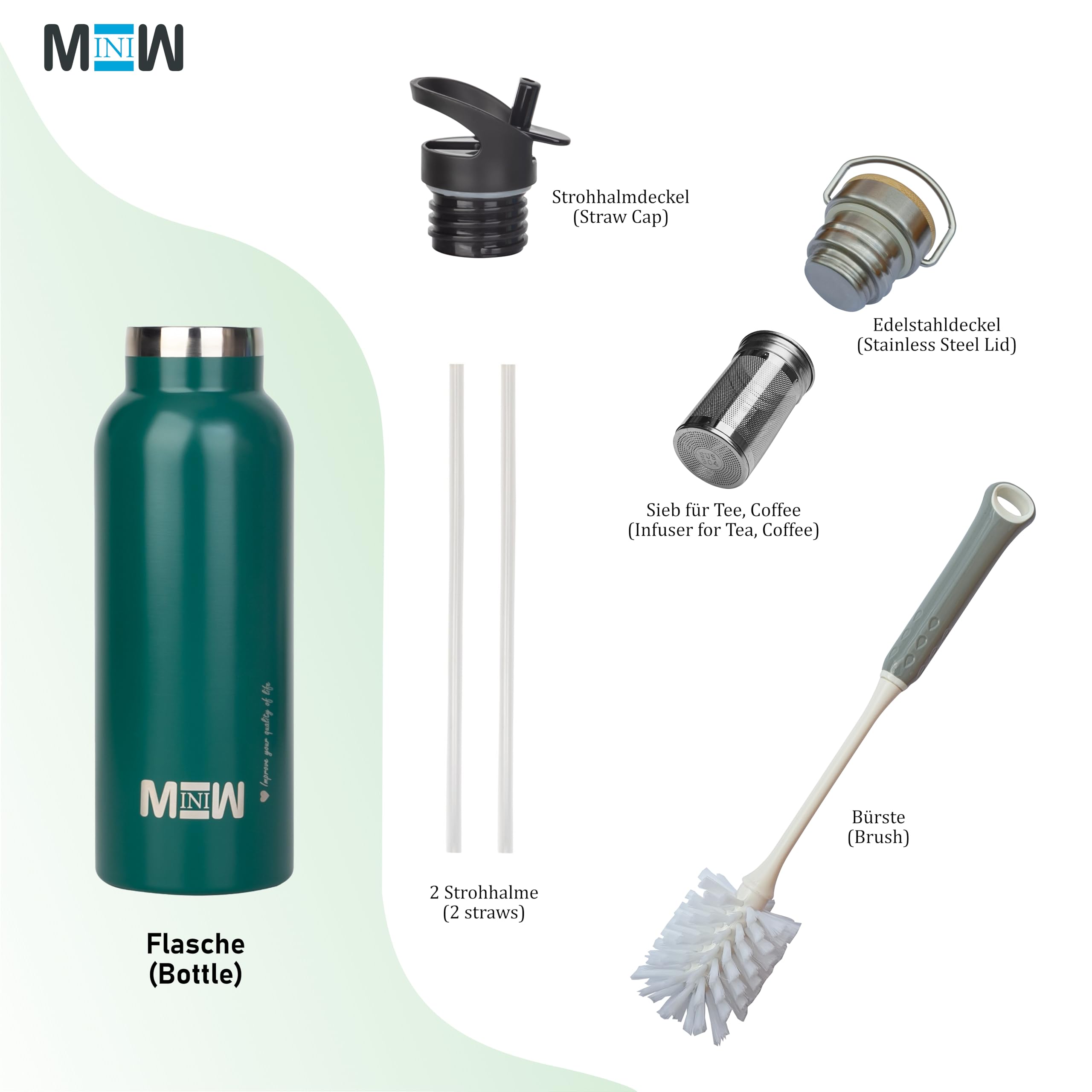 MINIW Stainless Steel Water Bottle, Dark Green, 500 ml - Image 2
