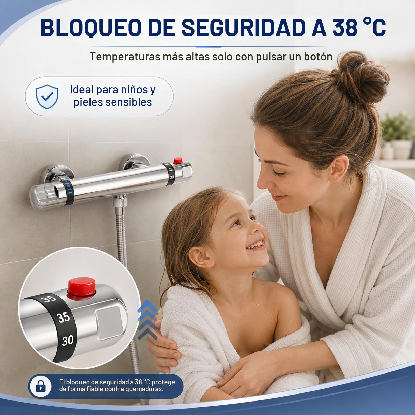 Grifo Ducha Termostático con Botón de Seguridad 38°C para Baño Moderno G1/2 | Cuerpo de latón cromado con conexión G1/2; mantiene una temperatura constante y ayuda a prevenir cambios bruscos y quemaduras