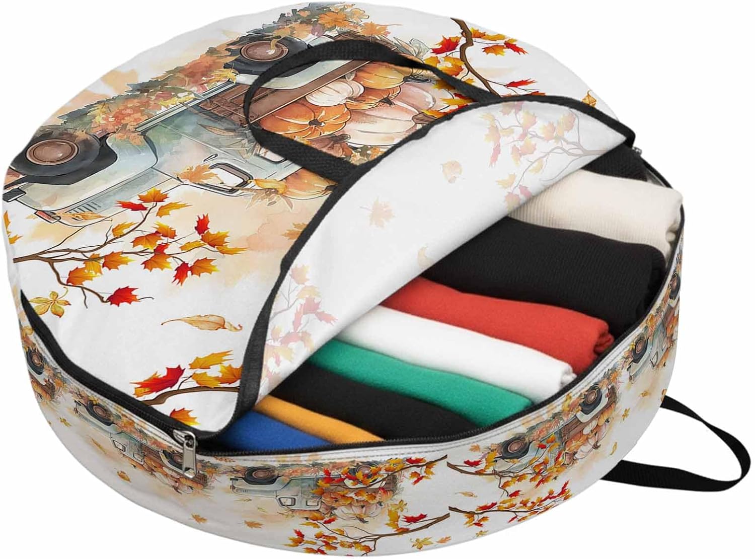 Thanksgiving Pumpkin Round Storage Bag 36 Inch, Truck Fall Maple Leaves Clothes Storage Container with Handles Heavy Duty Organizer for Comforter, Bedding & Holiday Wreaths
