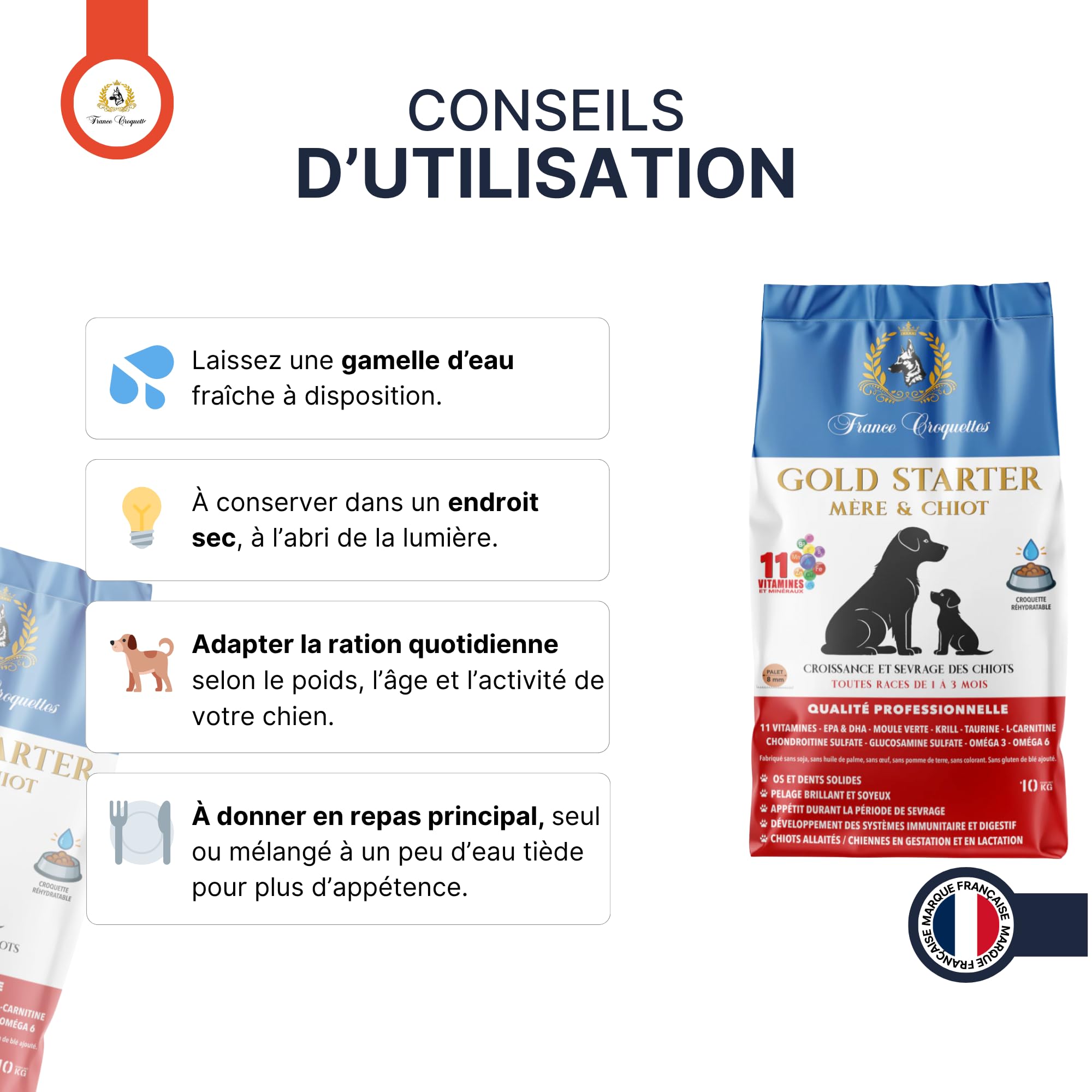 Croquettes Chiens Premium – Gold Starter Mère & Chiots 1 à 3 Mois & Chiennes Gestantes | Croissance, Sevrage Facile, Immunité, Digestion & Vitalité | Fabrication Française – Sac 10 kg