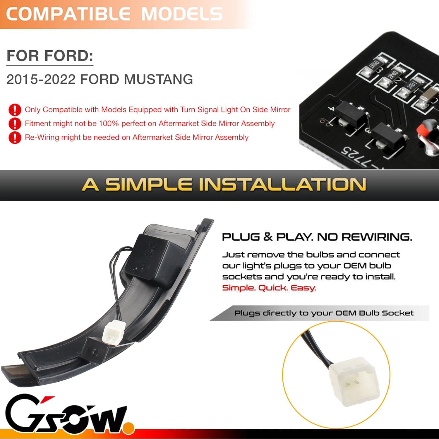 Sequential Dynamic LED Side Mirror Turn Signal Lights for Fo-rd Mustang 2015-2023, Mustang S550 Accessories Turn Signal Indicator Lamp, 2 Pcs