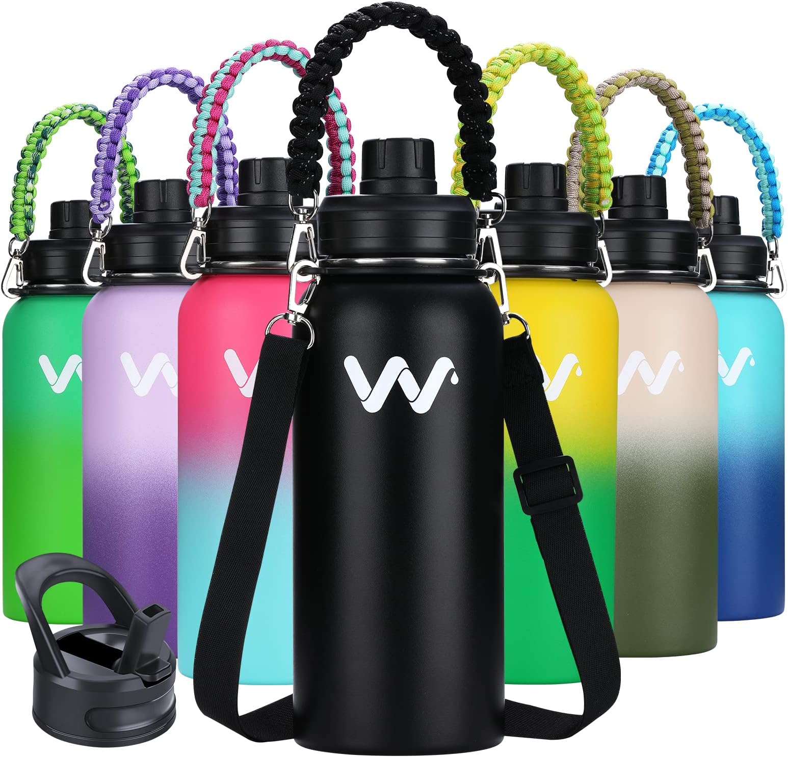 WEREWOLVESInsulated Water Bottle With Handles Strap Two Lid,Reusable Wide Mouth Vacuum Stainless Steel Water Bottle for Adults 24 oz, 32 oz, 40 oz