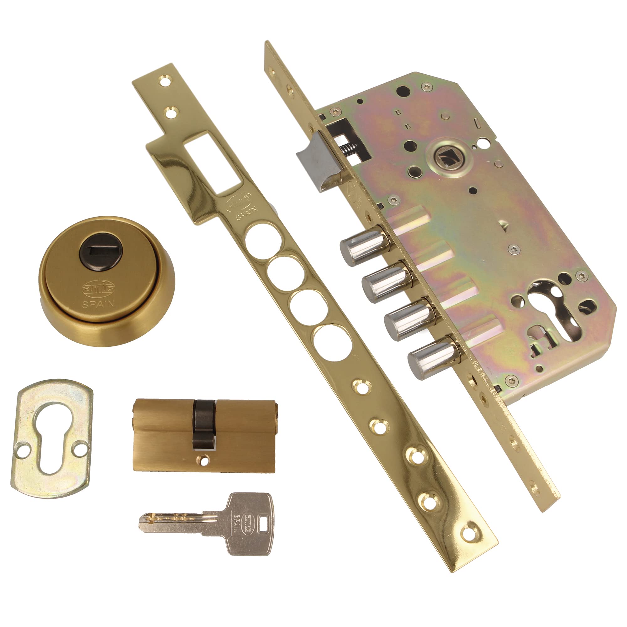 Amig - Cerradura de Embutir Con Bulones para Puertas de Madera Mod. 100-50/85 mm - Con Cilindro y Escudo de Seguridad - Picaporte Reversible - Acero Latonado Barnizado