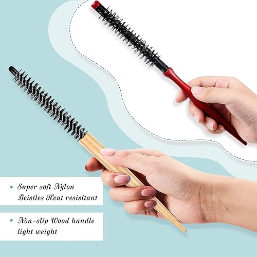 Miniatura 4 de 2 piezas de cepillo pequeño redondo para el cabello, mini cepillo redondo de madera, cepillo Quiff, peines de pelo de cerdas de nailon para vestir