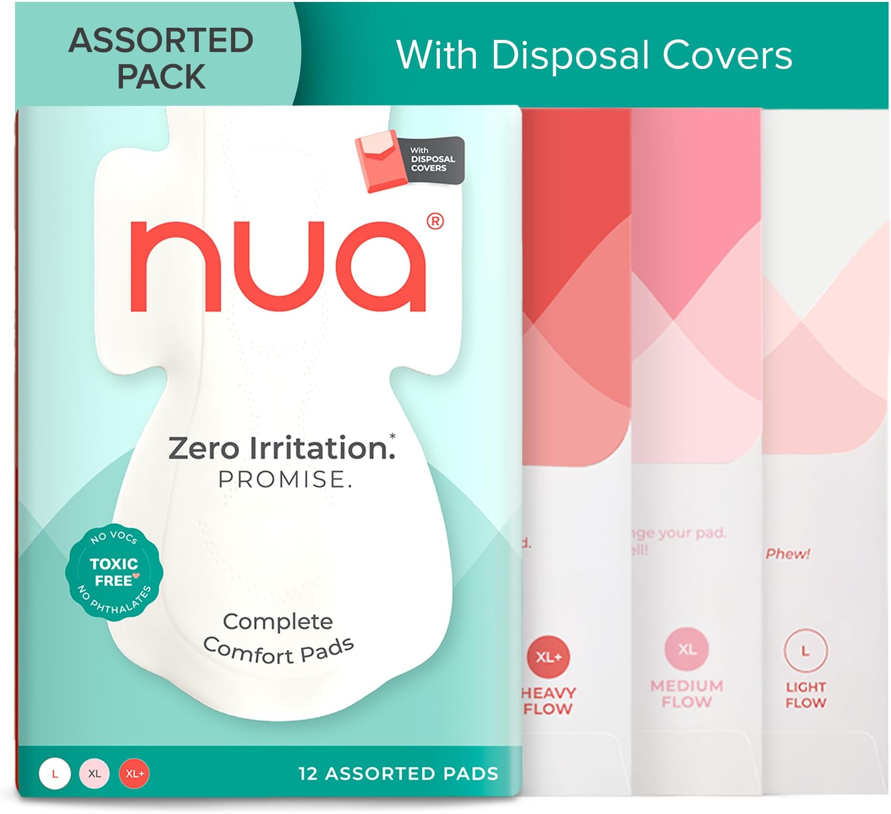 Nua Ultra-Safe 12 Sanitary Pads For Women | 3 sizes in 1: 3 Heavy Flow-XL+, 5 Medium-XL & 4 Light-L | Safe on Skin | Toxic-Free & Rash-Free | Unscented | Leakproof | With 12 Secure Shield Covers