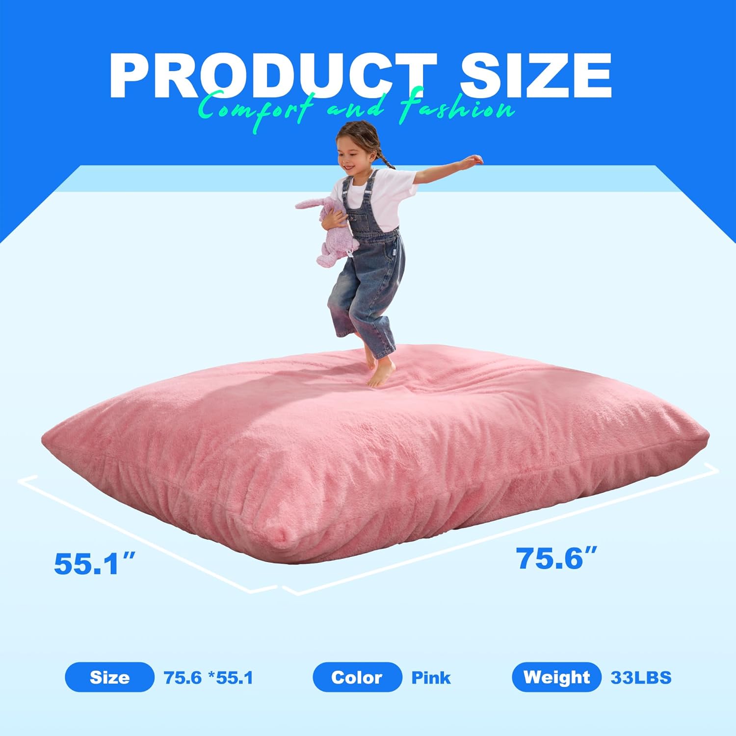 Hobestluk 3 in 1 Bean Bag Chair Giant Bean Bag Chairs for Adults with Chevron Plush Fur Cover Convertible Bean Bag Floor Cushion with Machine Washable Cover for Living Room (Plush Pink) - Image 2
