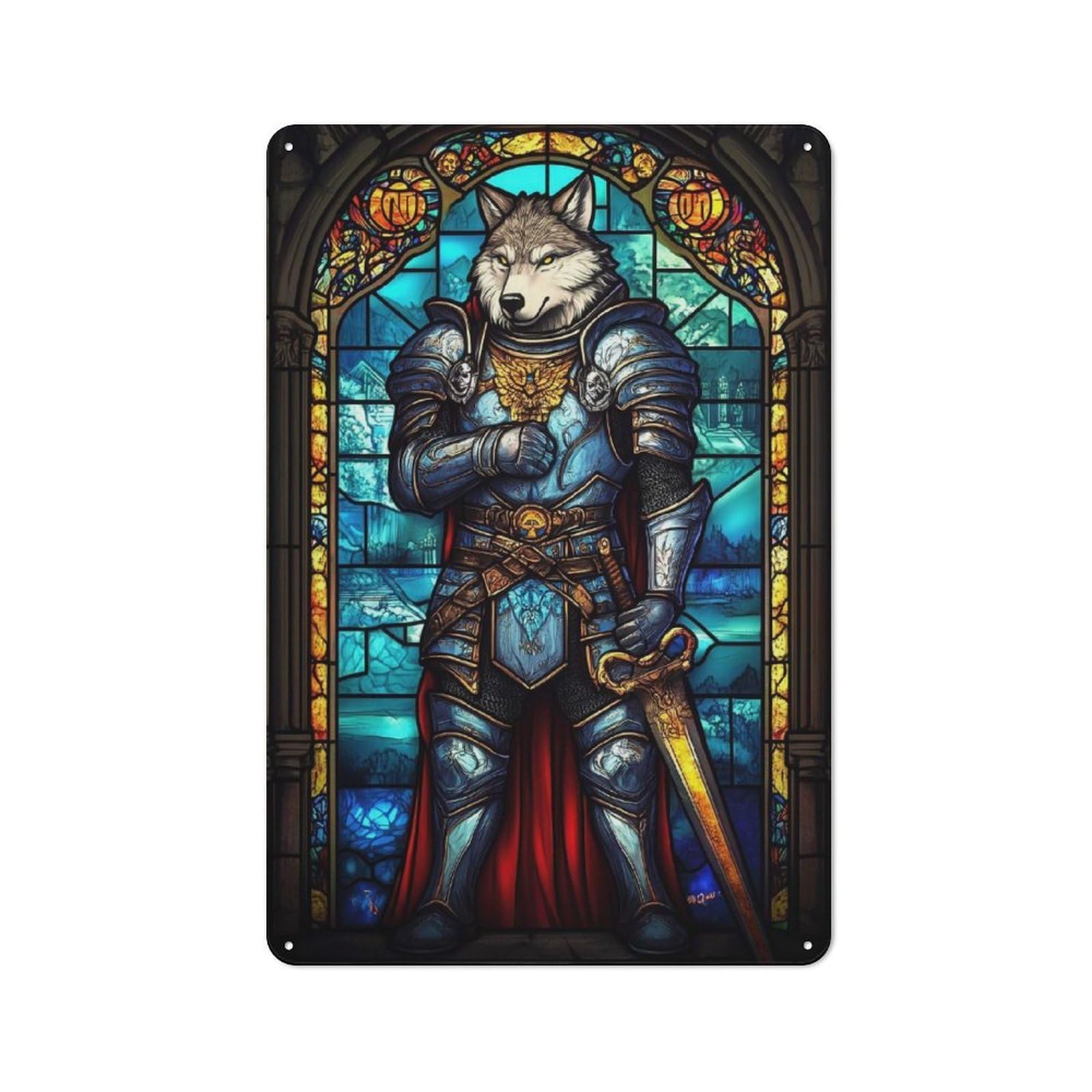 Junmoney Style-17 Wolf Knight Stained Glass Rustic Metal Wall Sign 30X20cm For Bar Or Restaurant, A Decorative Metal Sign For Bars And Restaurants