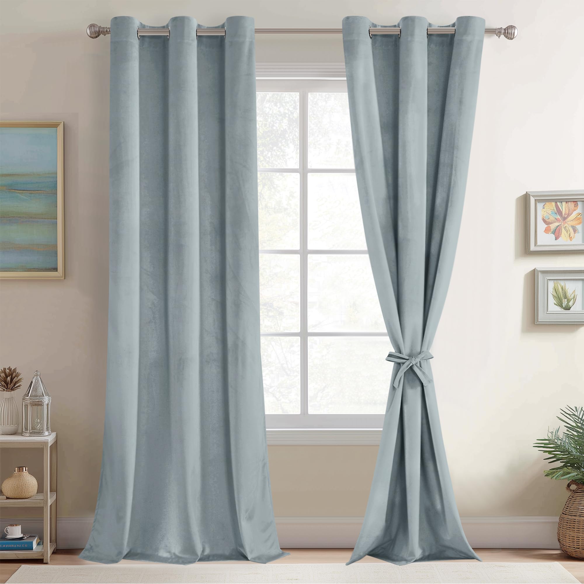 JIUZHEN Stone Blue Velvet Curtains 108 inches Blackout Curtains for Living Room - Privacy Protect Room Darkening Grommet Thick Velvet Window Drapes