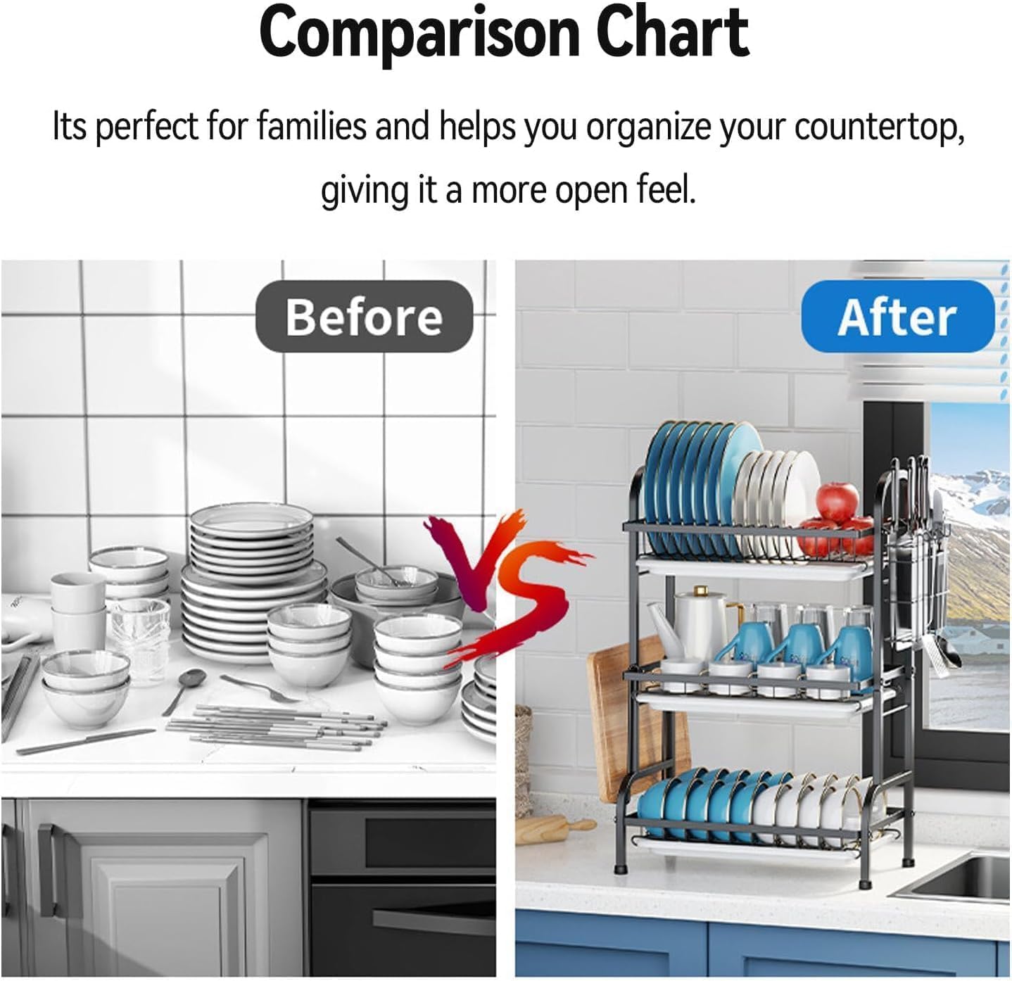 Vergissm Large 3-Tier Dish Drying Rack with Drain Tray - Rustproof Carbon Steel Kitchen Organizer for Countertop with Utensil & Cutlery Holder, Spacious Drainboard - Multifunctional Dish Drainer