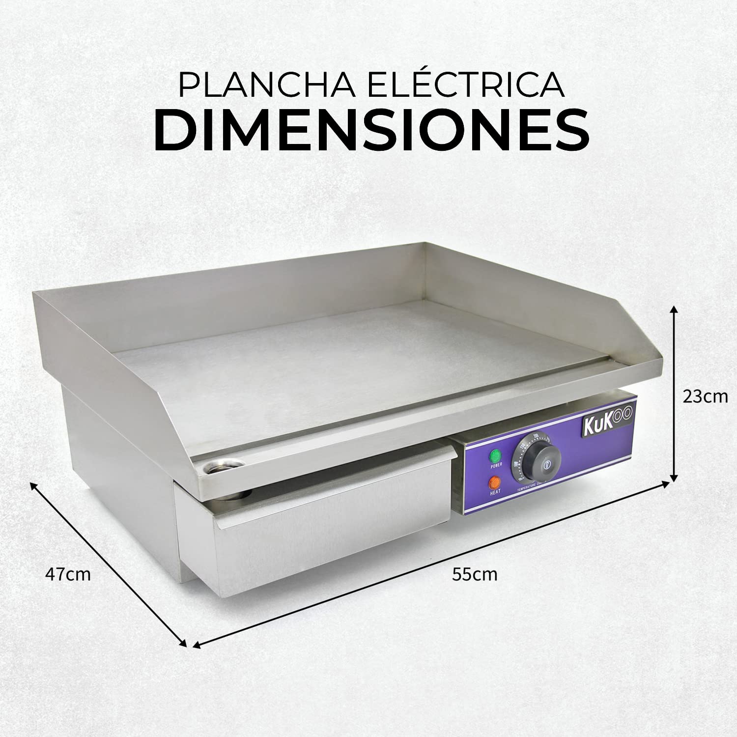 Plancha Profesional Antiadherente Eléctrica de 50cm de Acero Inoxidable Grill Parrilla de Asar Cocina Cocción Barbacoa BBQ+Protector contra Salpicaduras+Cajón Drenaje para Grasa+Termostato Ajustable