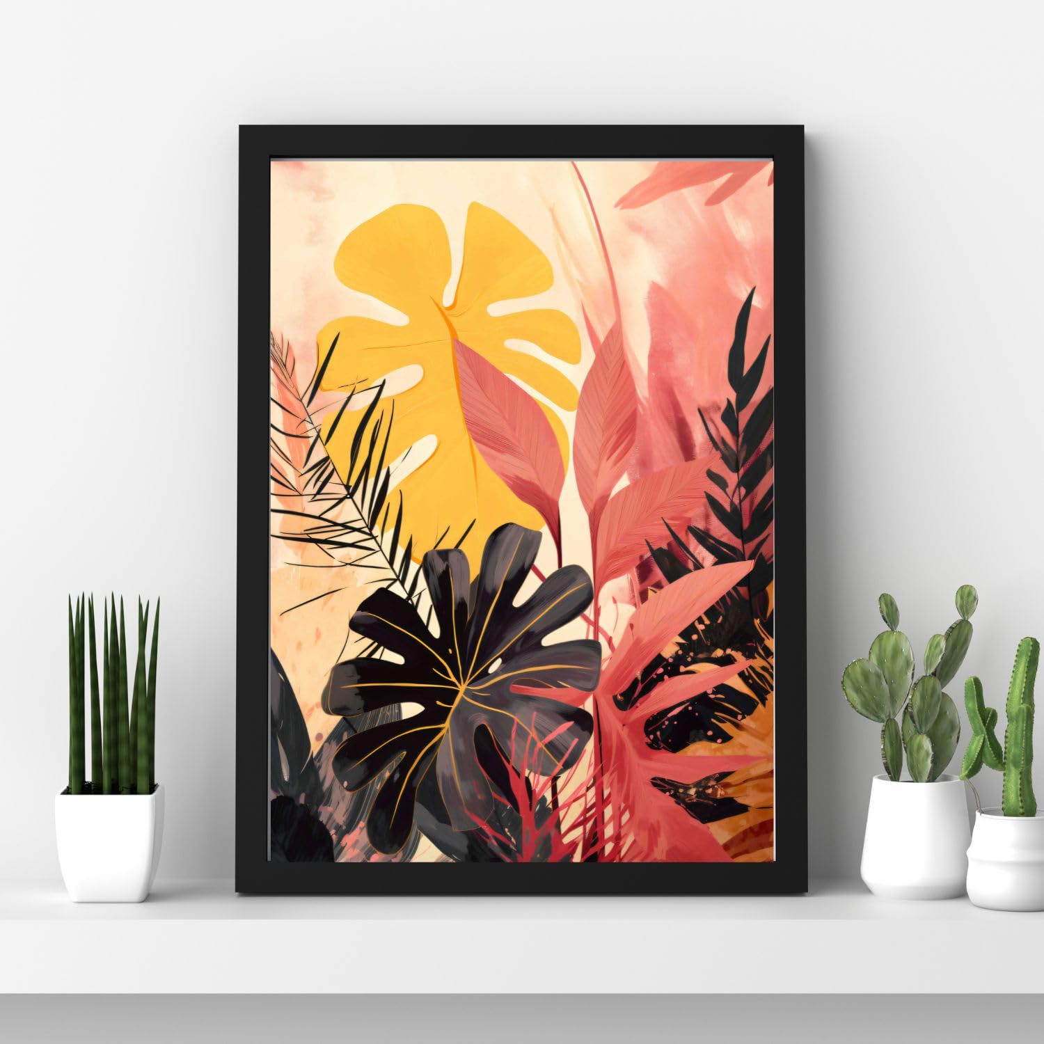 Spiffing Prints Tropical Radiance I - Impression Feuille Monstera Rose et Jaune sur Fond Blush - Grand - Encadré