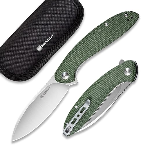 SENCUT San Angelo - Cuchillo plegable para EDC, mango de micarta verde, hoja de satén 9Cr18MoV, cuchillo pequeño con cierre de revestimiento con