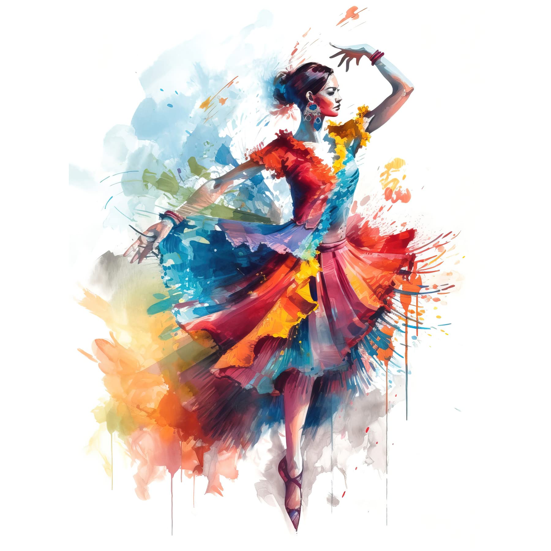 Artery8 Flamenco Dancer in Motion Rainbow Colour Dress Dance Modern Watercolour Painting Large XL Wall Art Canvas Print