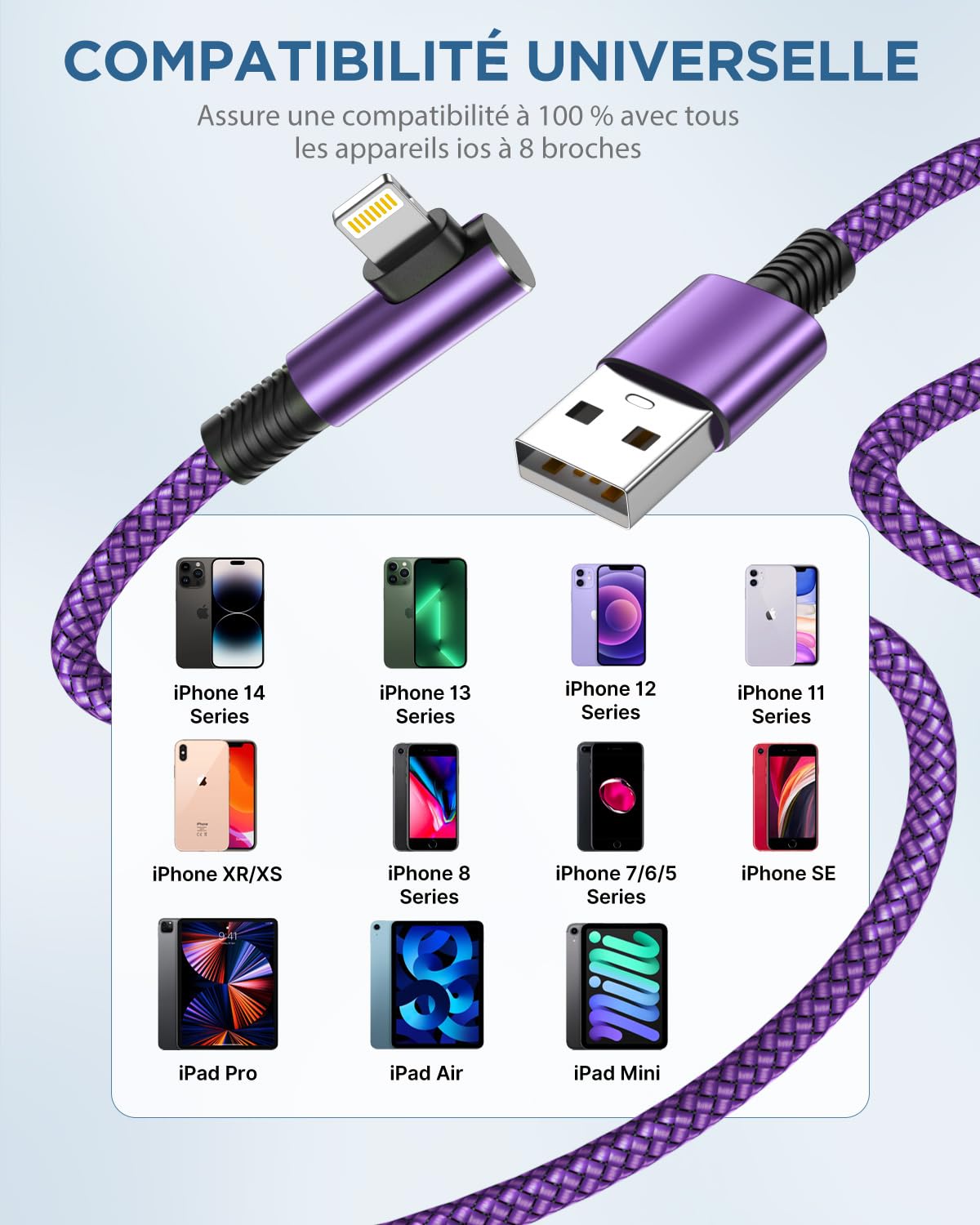 Cable iPhone,[2m/Lot de 3] Fil Chargeur iPhone Charge Rapide Tressé Longue Cordon iPhone Certifié MFi Angle Câble Lightning USB pour iPhone 13/11/14/12 Pro Max Plus Mini XR XS 8 7 6S SE,iPad,Airpods