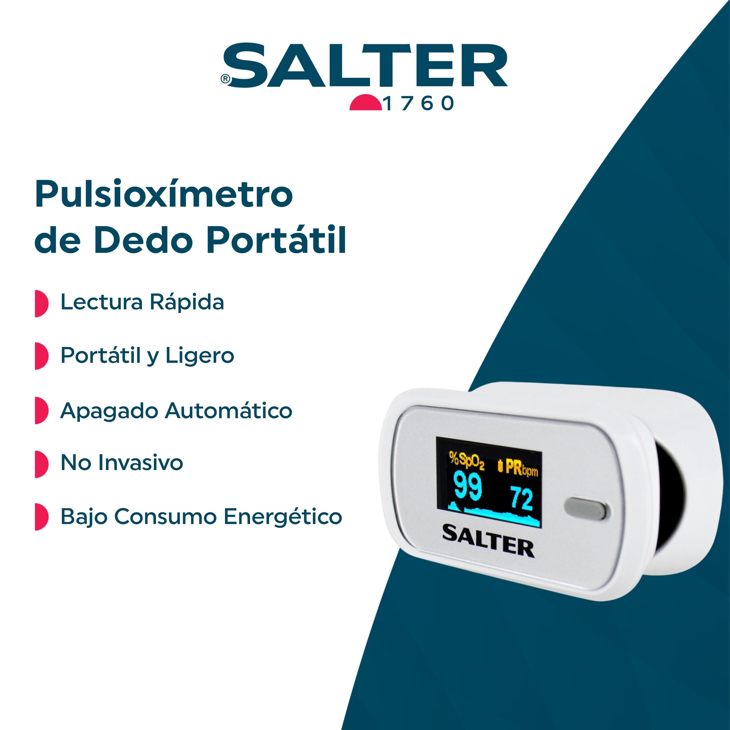Salter PX-100-EU Pulsioxímetro Para El Dedo De La Colección OxiWatch, Con Lectura Rápida, Producto De Salud, Portátil Y Fácil De Usar, Incluye Un Apagado Automático, Consume Poca Energía