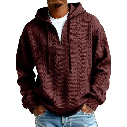 Quarter Zip Hoodie Men Cable Knit Texture Long Sleeve Tops
