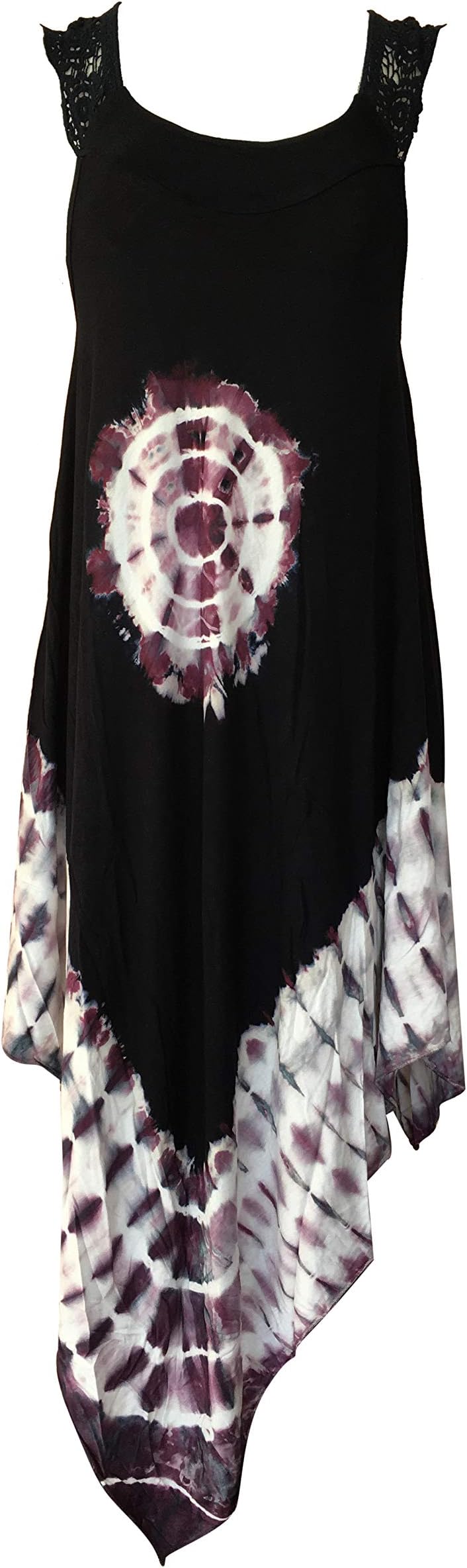 Crochet Dress Embroidery Summer Beach Handkerchief Umbrella Dress (Black with Purple Tie-Dye)