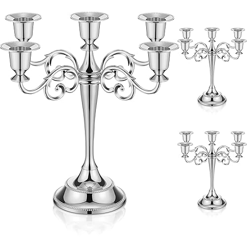 Dandat 3 Pcs Metal Candelabra Candlestick Holders 10.24 Inch Tall Candlestick Holders Gothic Candle Holder for Home Wedding Church Halloween Party (Silver,5 Arm)