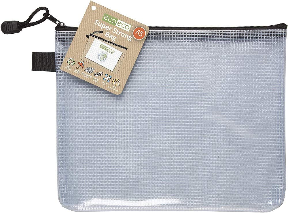 eco-eco A5 95% Recycled Super Strong Bag, Waterproof Mesh Tuff Bag, Reinforced, Black Zip Closure (Pack of 12)